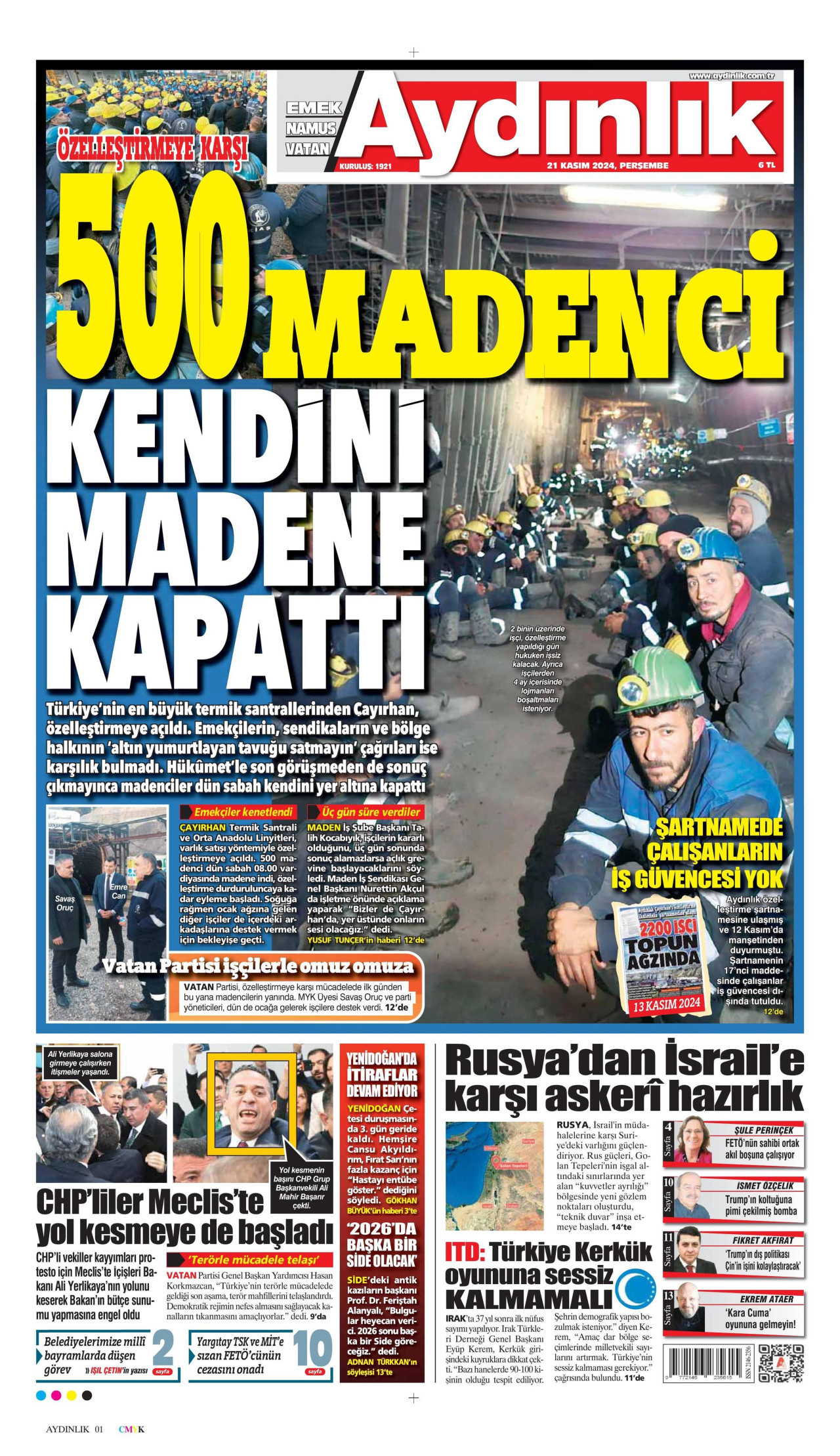 AYDINLIK GAZETESİ gazetesinin 21 Kasım 2024 tarihli birinci sayfası
