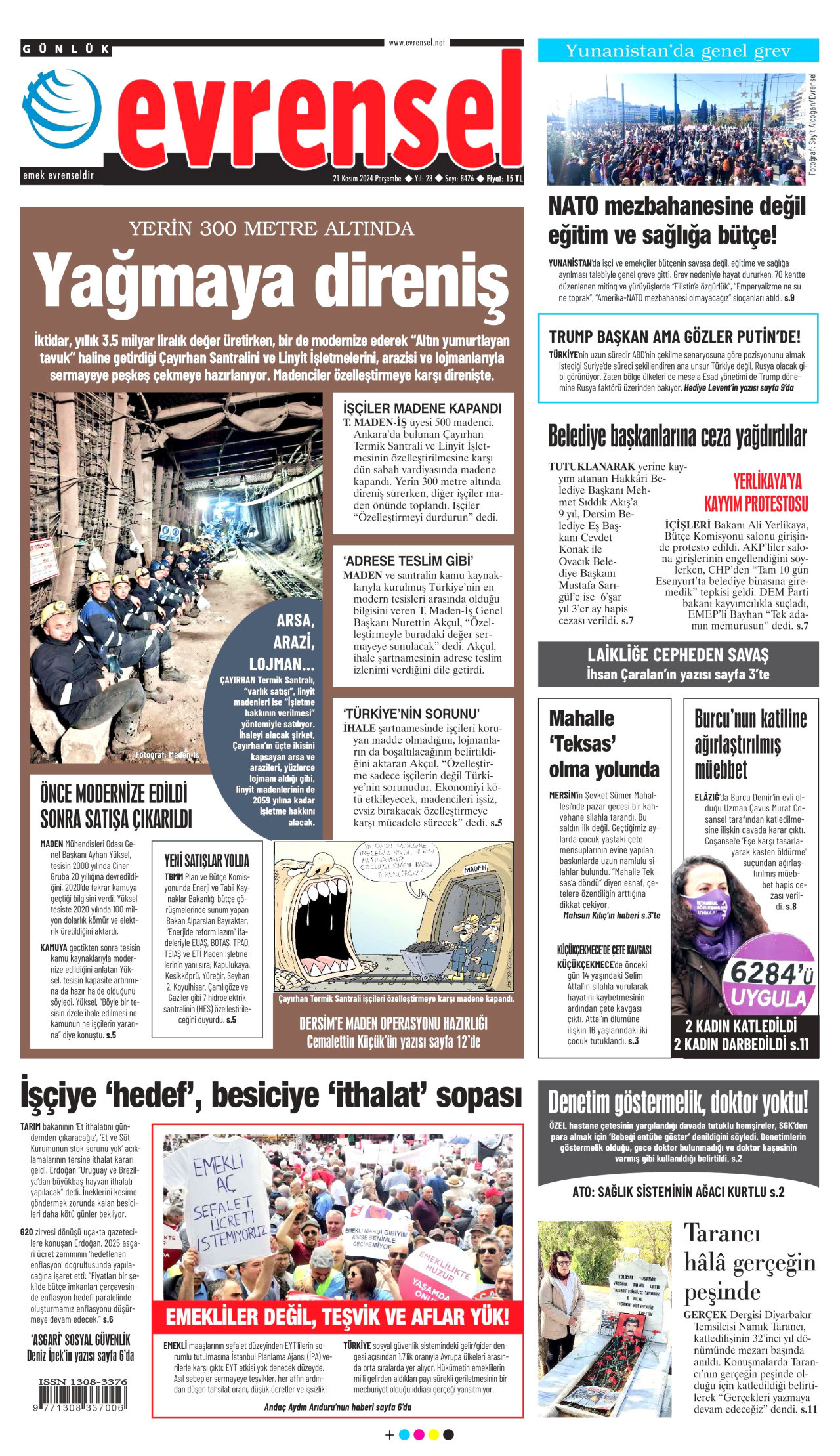 EVRENSEL gazetesinin 21 Kasım 2024 tarihli birinci sayfası