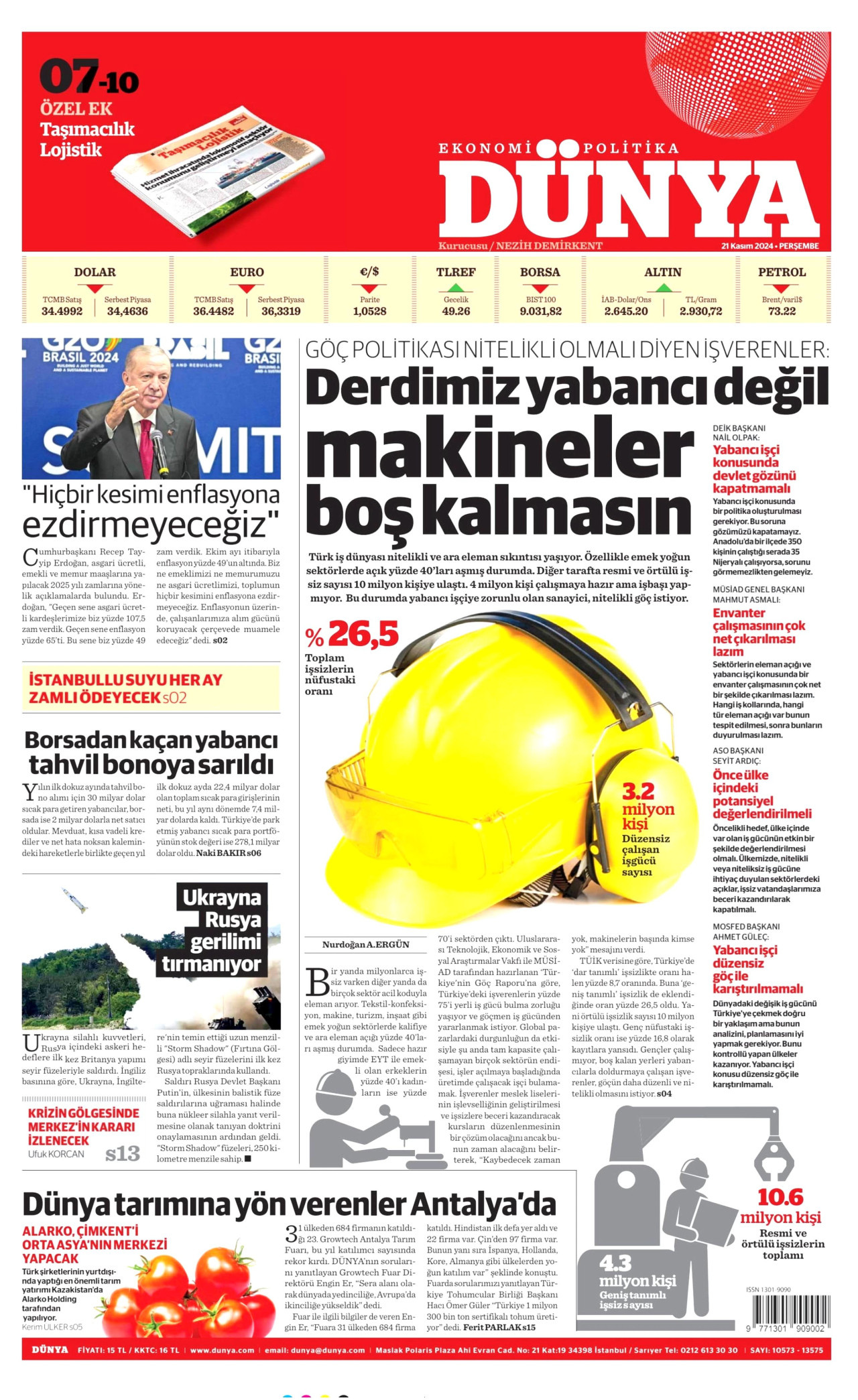 DÜNYA gazetesinin 21 Kasım 2024 tarihli birinci sayfası