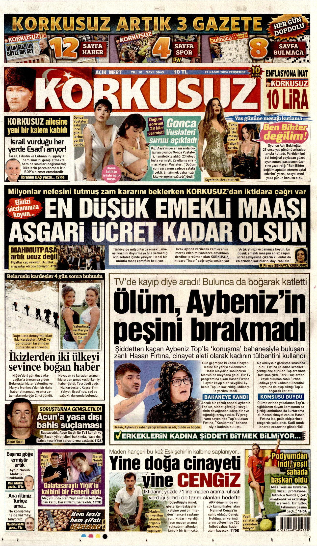KORKUSUZ gazetesinin 21 Kasım 2024 tarihli birinci sayfası