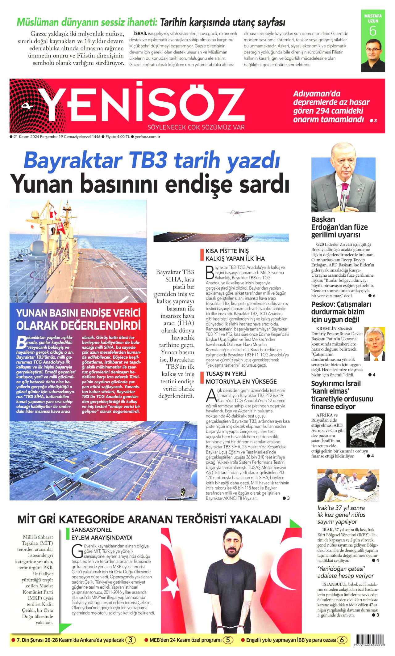YENİ SÖZ GAZETESİ gazetesinin 21 Kasım 2024 tarihli birinci sayfası