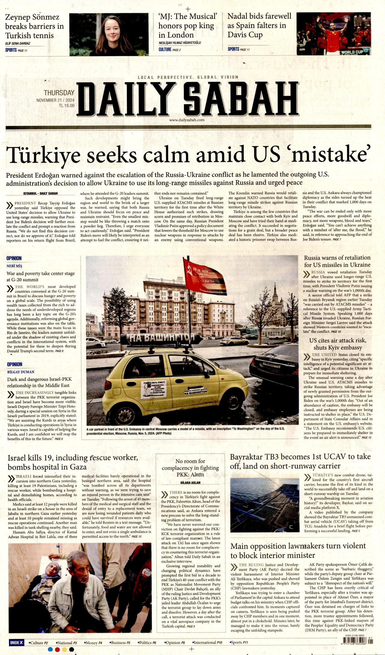 DAİLY SABAH gazetesinin 21 Kasım 2024 tarihli birinci sayfası