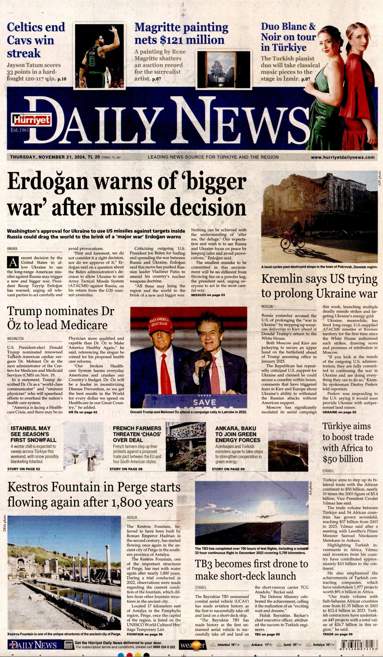HÜRRİYET DAİLY NEWS gazetesinin 21 Kasım 2024 tarihli birinci sayfası