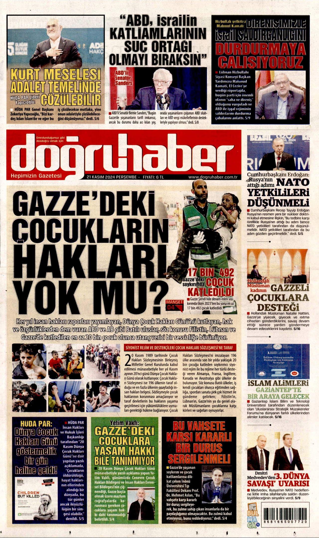 DOĞRU HABER gazetesinin 21 Kasım 2024 tarihli birinci sayfası