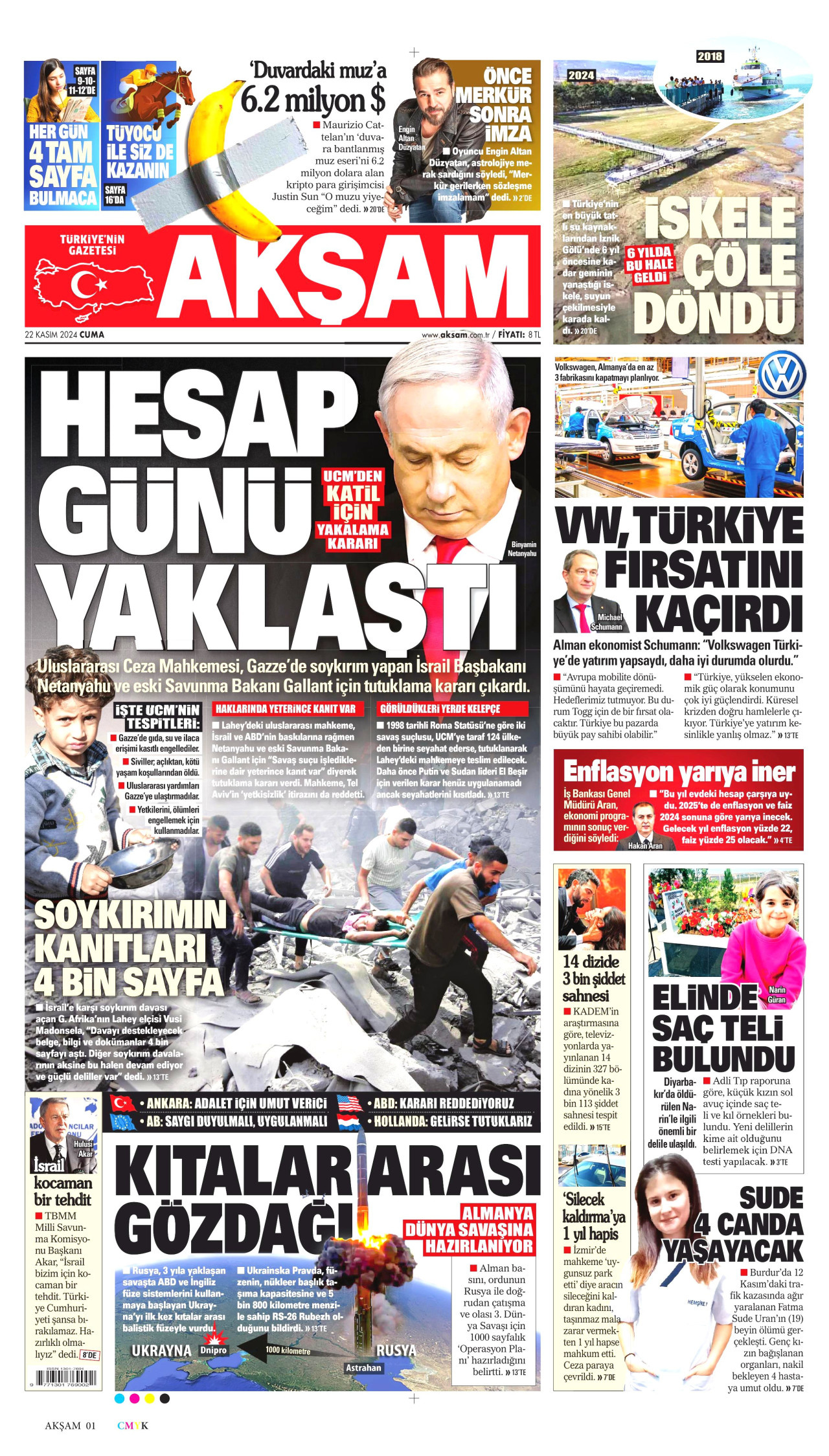 AKŞAM gazetesinin 22 Kasım 2024 tarihli birinci sayfası