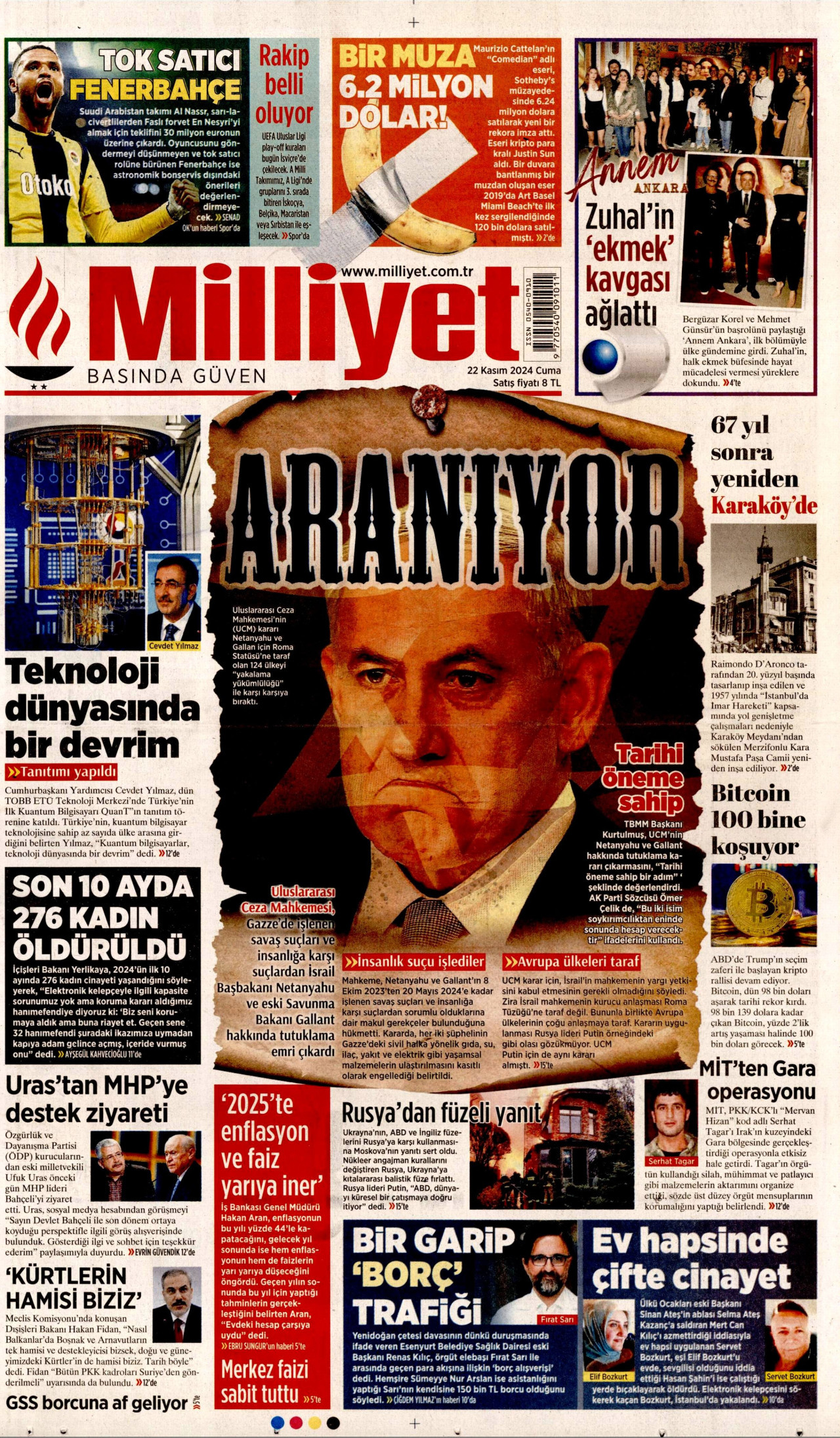 MİLLİYET gazetesinin 22 Kasım 2024 tarihli birinci sayfası