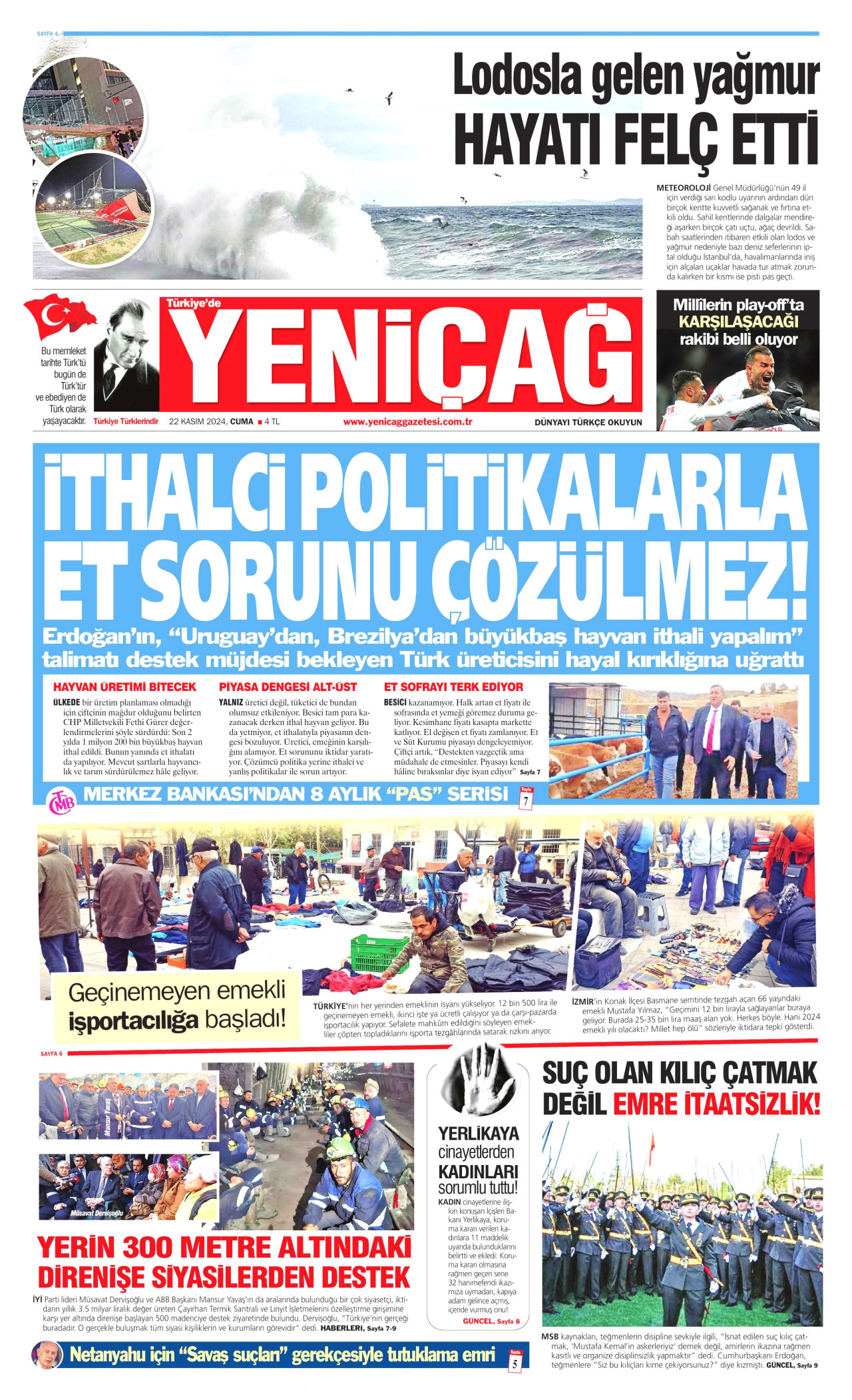 YENİÇAĞ gazetesinin 22 Kasım 2024 tarihli birinci sayfası