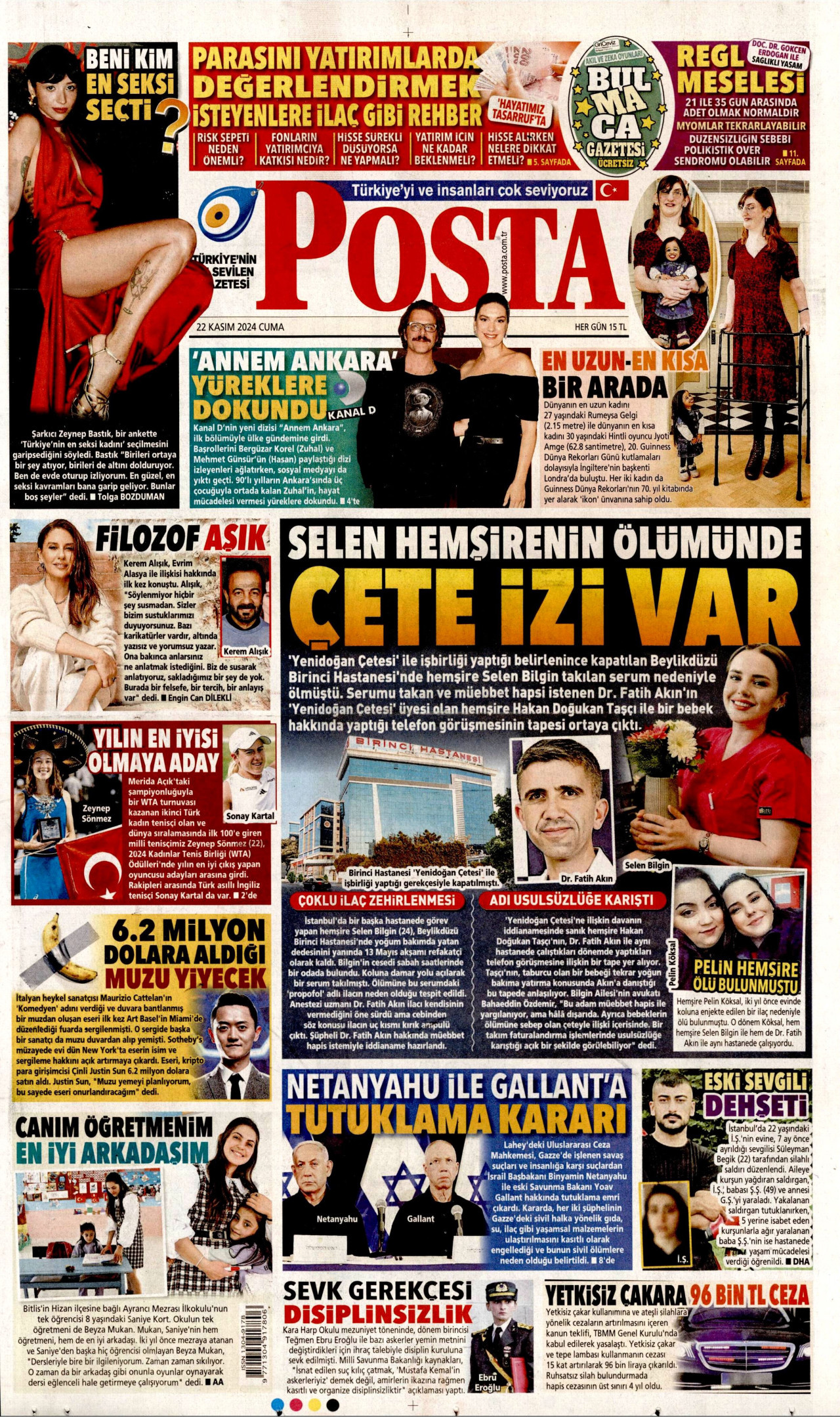 POSTA gazetesinin 22 Kasım 2024 tarihli birinci sayfası