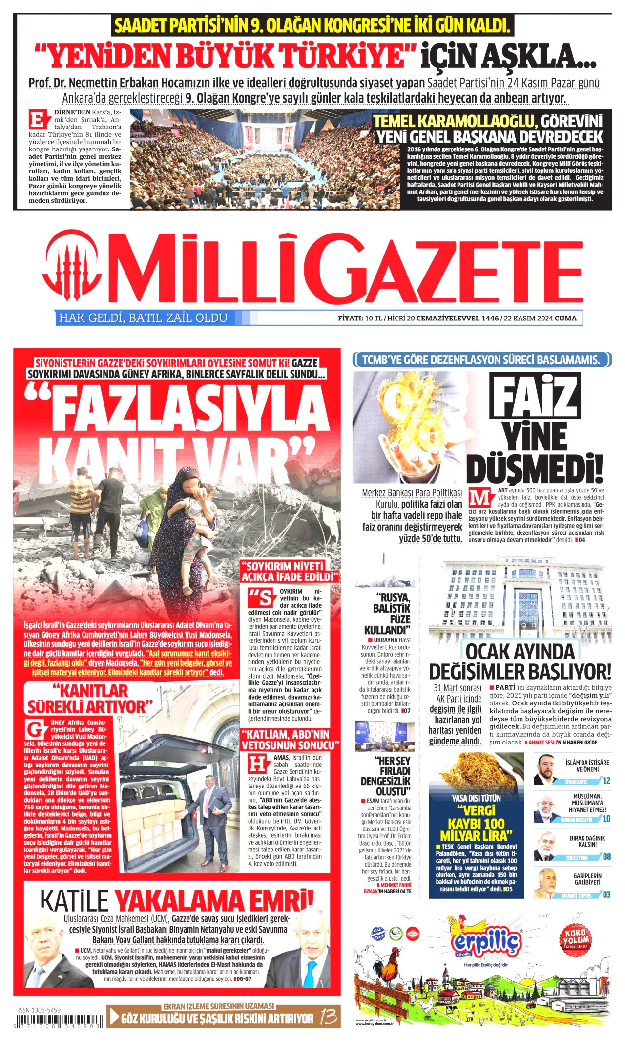 MİLLİ GAZETE gazetesinin 22 Kasım 2024 tarihli birinci sayfası