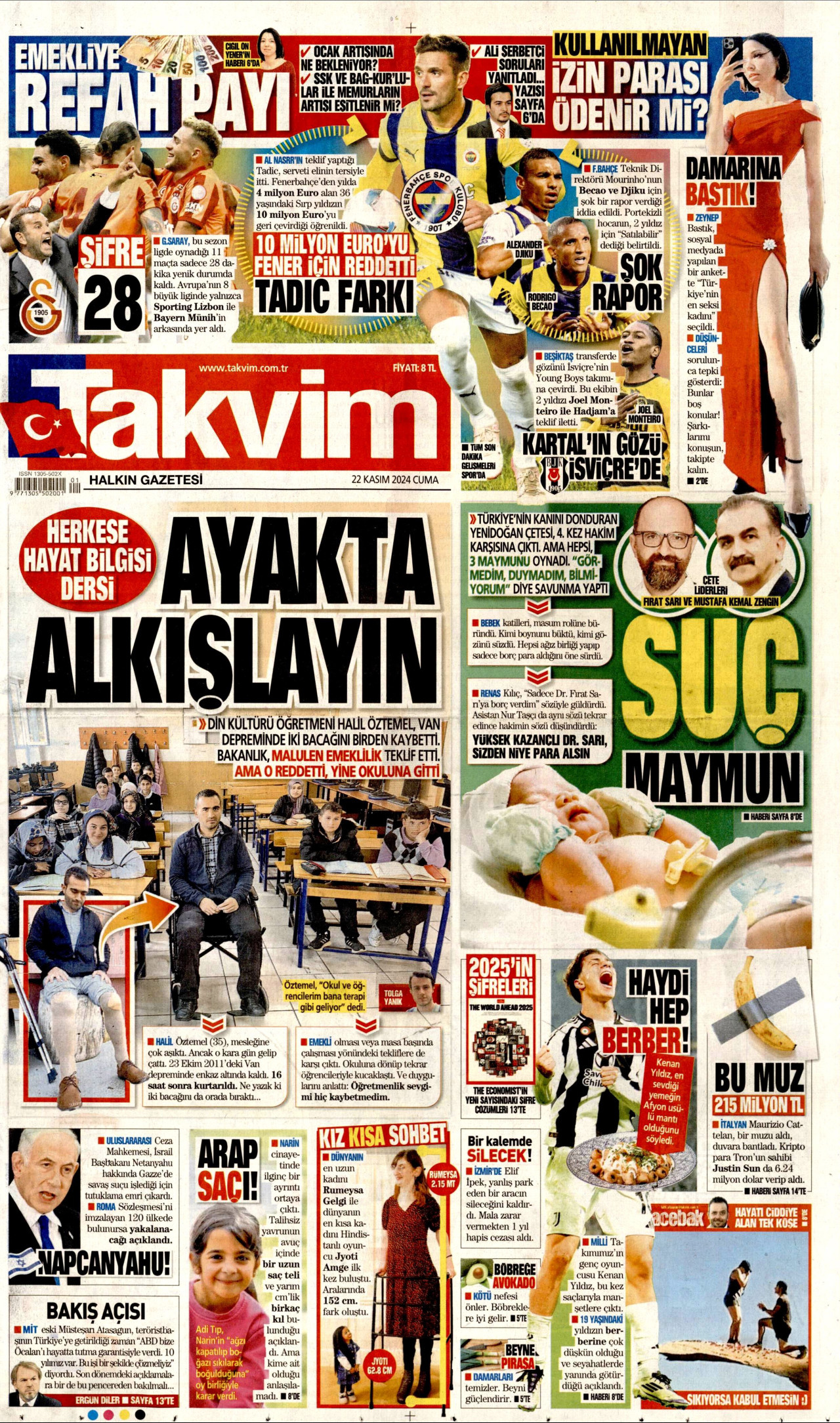 TAKVİM gazetesinin 22 Kasım 2024 tarihli birinci sayfası