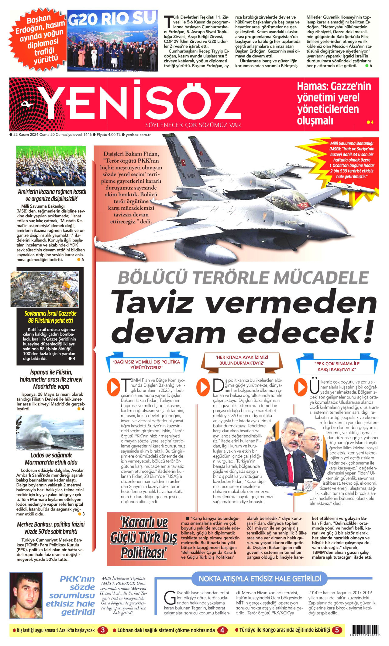 YENİ SÖZ GAZETESİ gazetesinin 22 Kasım 2024 tarihli birinci sayfası