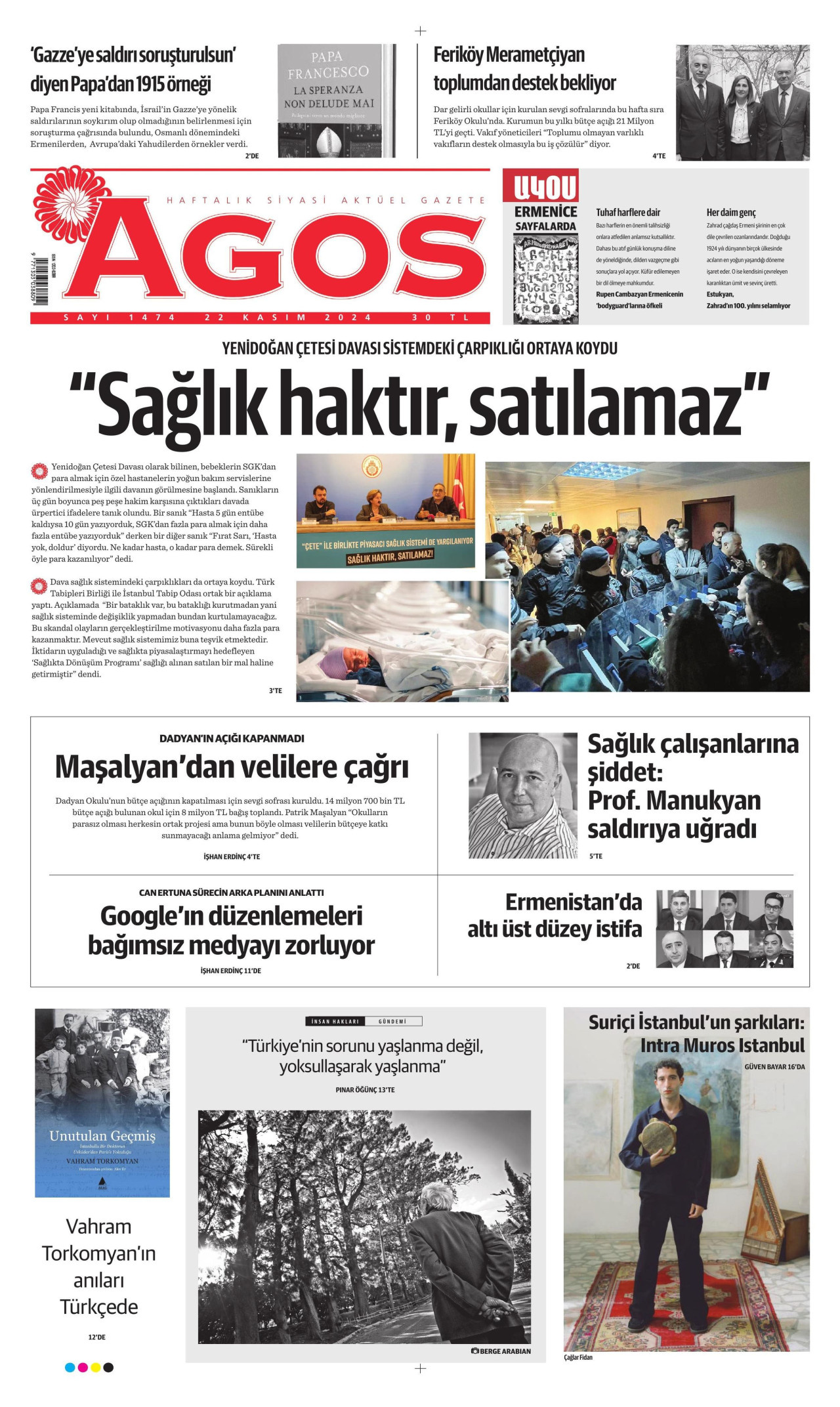 AGOS gazetesinin 22 Kasım 2024 tarihli birinci sayfası