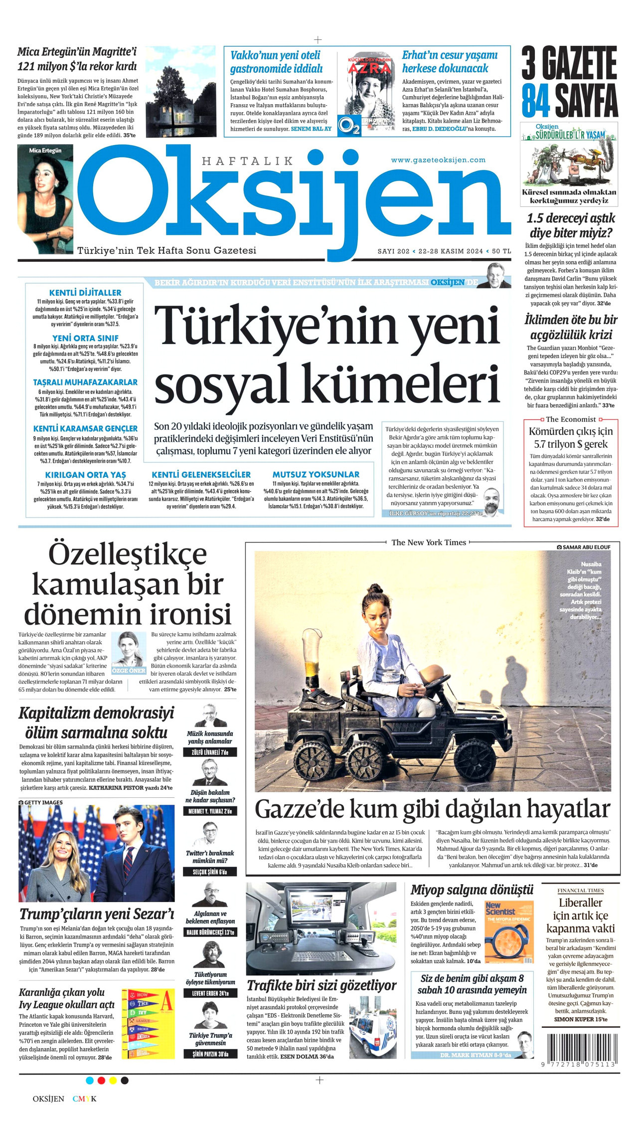 OKSİJEN gazetesinin 22 Kasım 2024 tarihli birinci sayfası