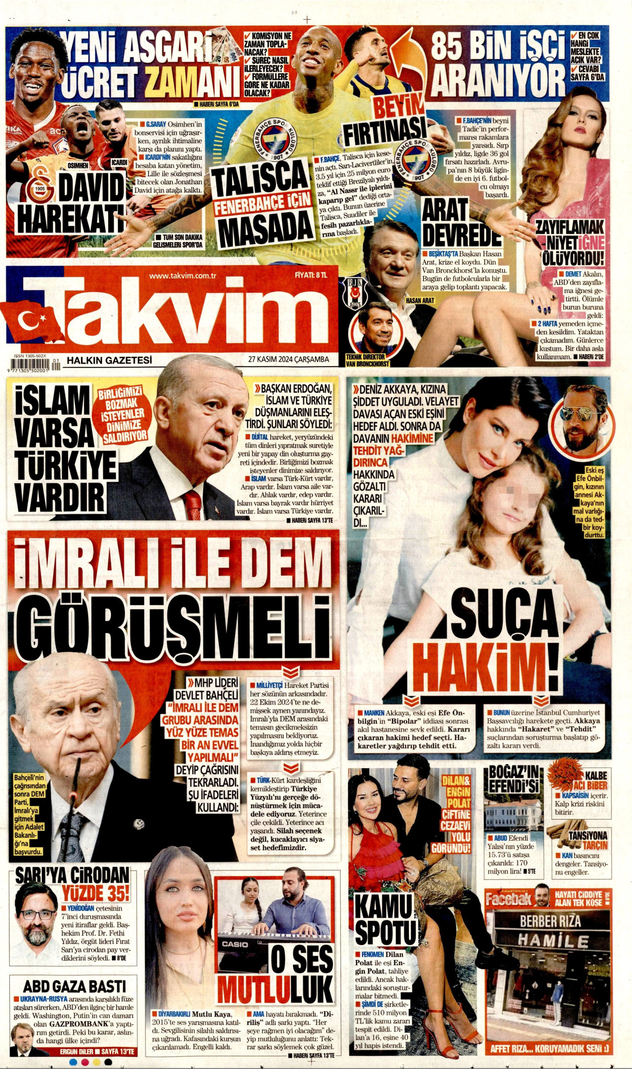TAKVİM gazetesinin 27 Kasım 2024 tarihli birinci sayfası