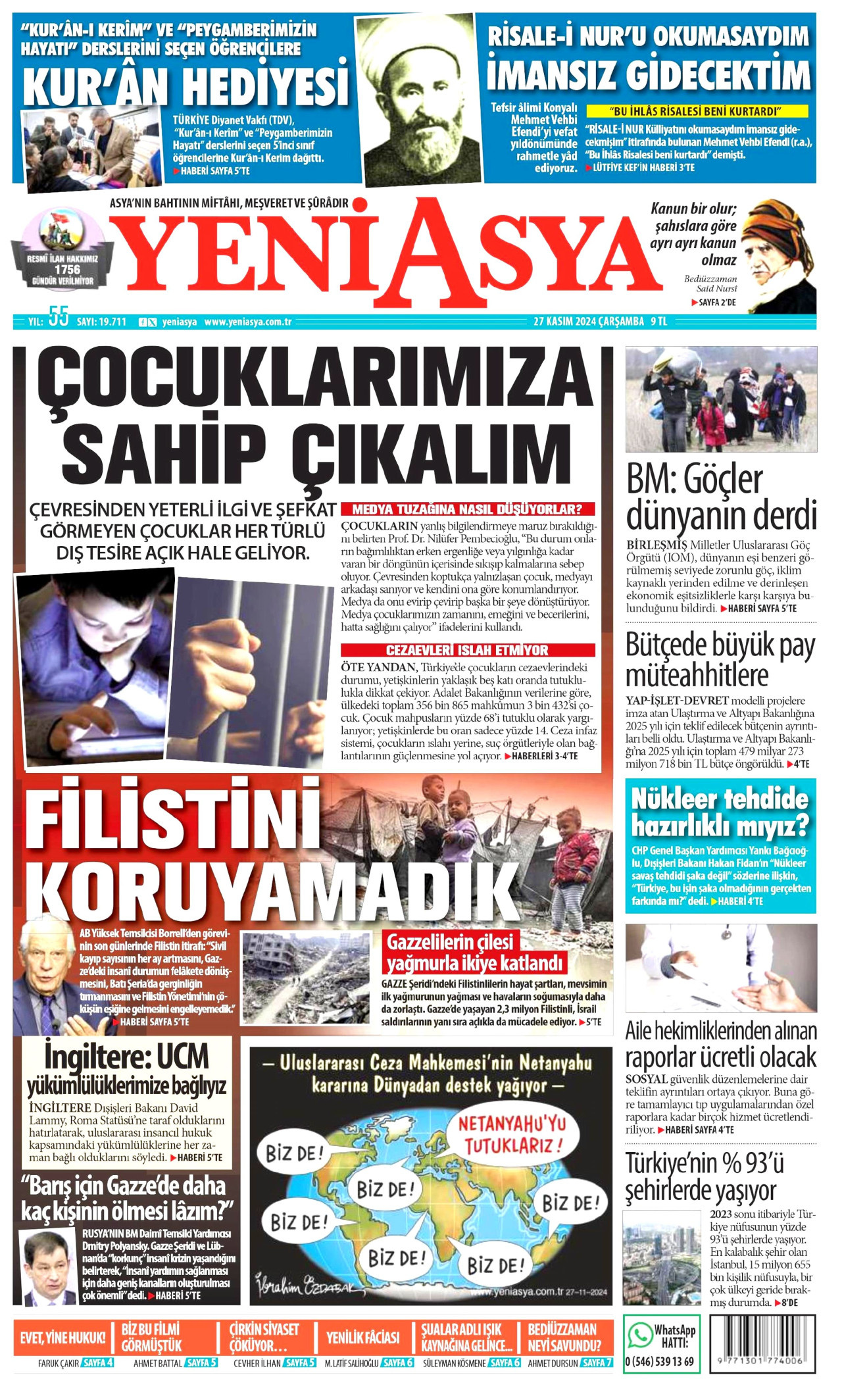 YENİ ASYA gazetesinin 27 Kasım 2024 tarihli birinci sayfası