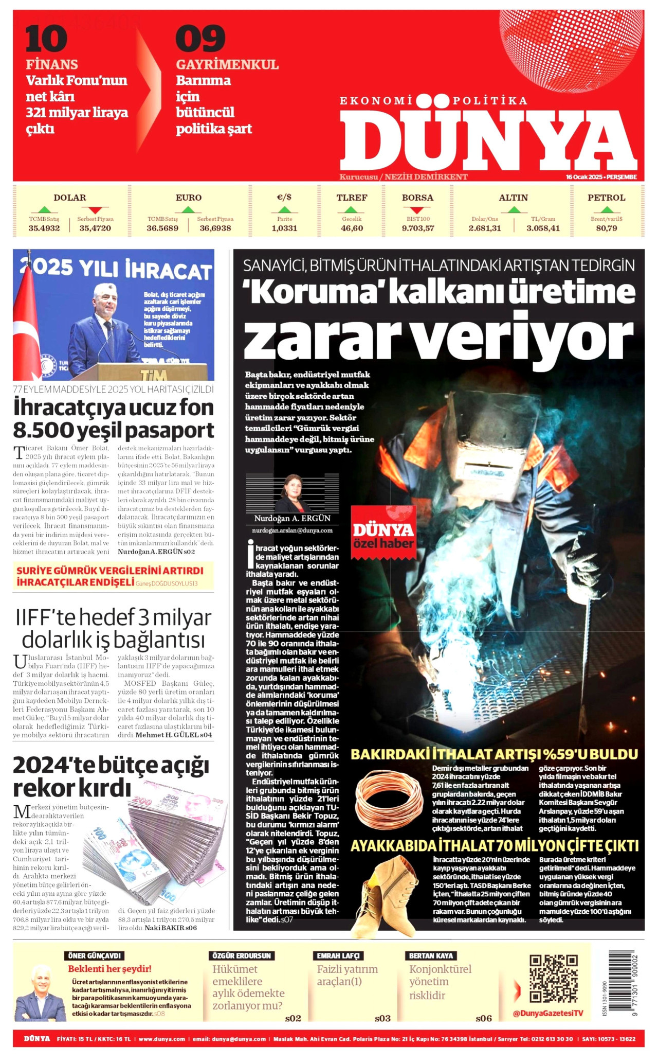 DÜNYA gazetesinin 16 Ocak 2025 tarihli birinci sayfası