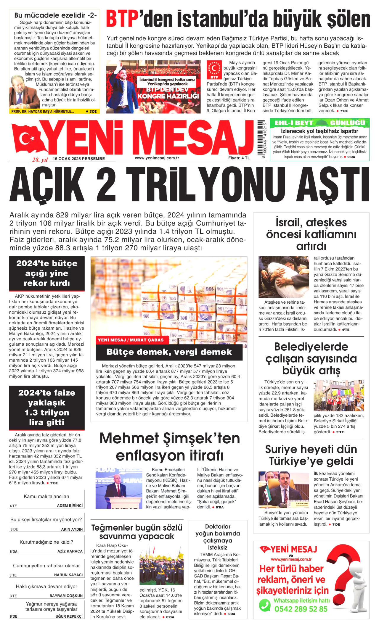 YENİ MESAJ gazetesinin 16 Ocak 2025 tarihli birinci sayfası