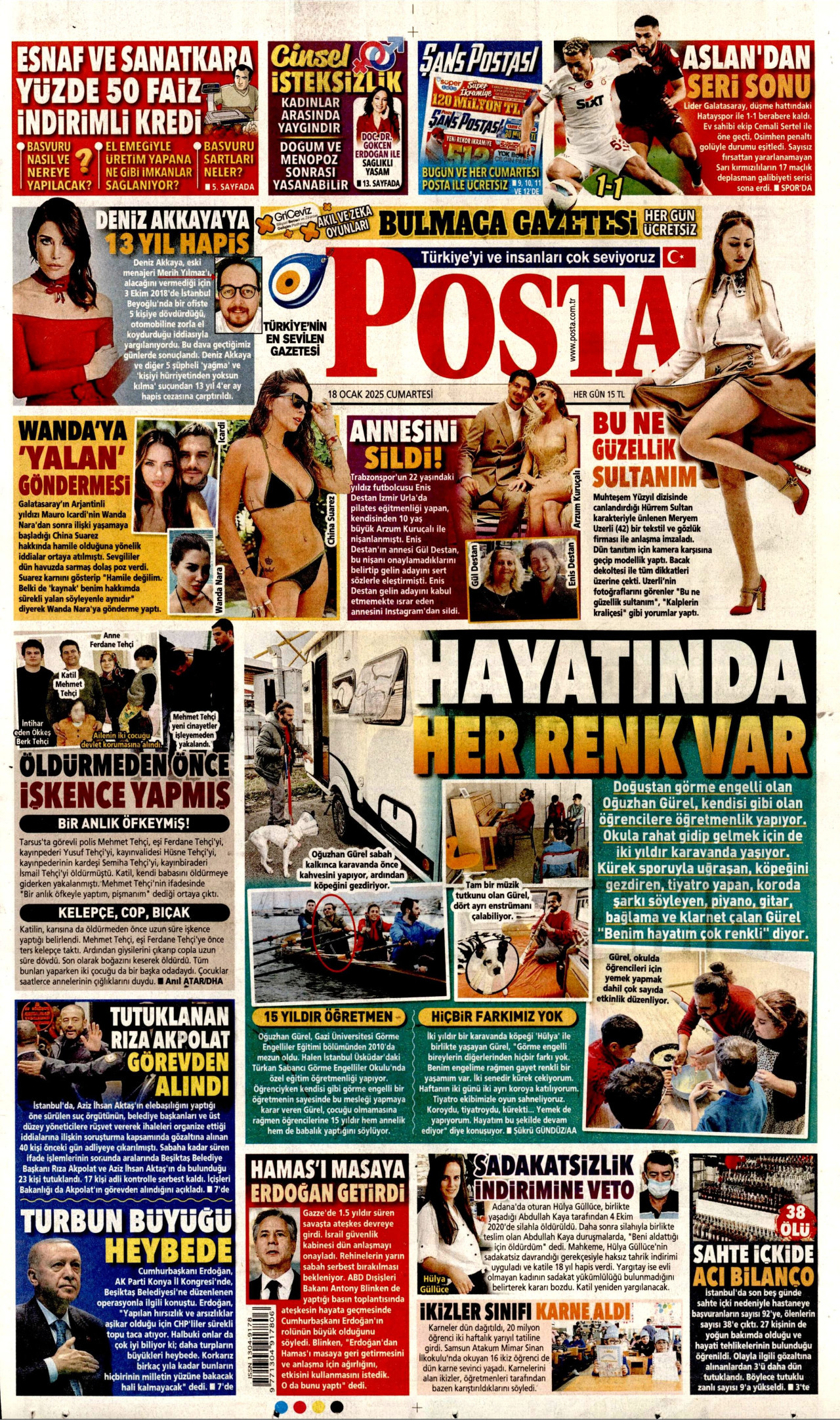 POSTA gazetesinin 18 Ocak 2025 tarihli birinci sayfası
