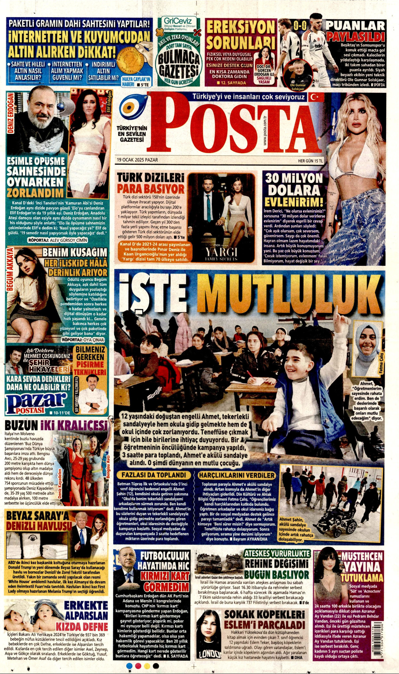 POSTA gazetesinin 19 Ocak 2025 tarihli birinci sayfası
