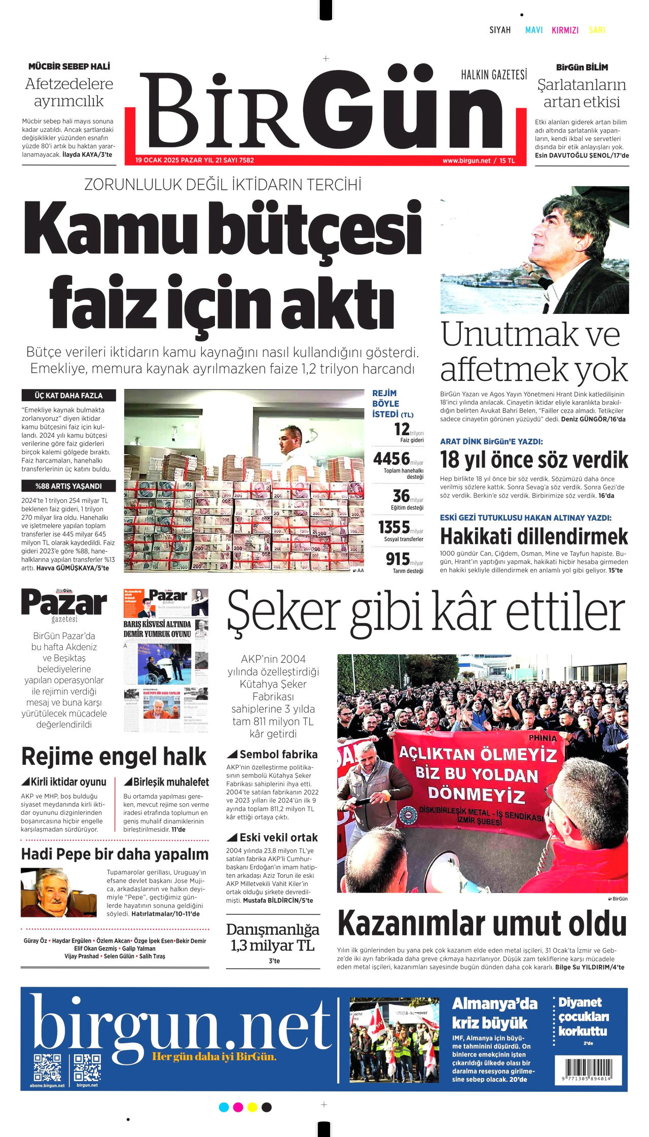 BİRGÜN gazetesinin 19 Ocak 2025 tarihli birinci sayfası