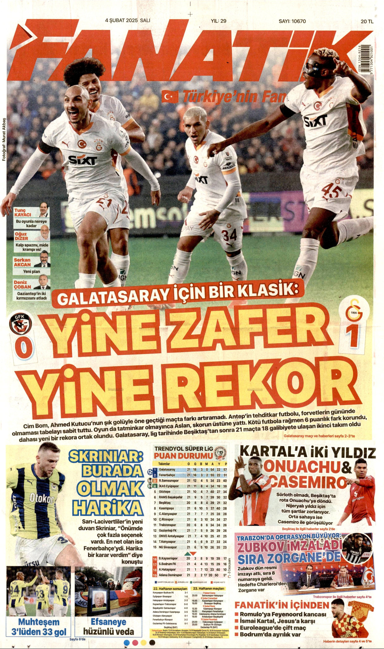 FANATİK gazetesinin 4 Şubat 2025 tarihli birinci sayfası
