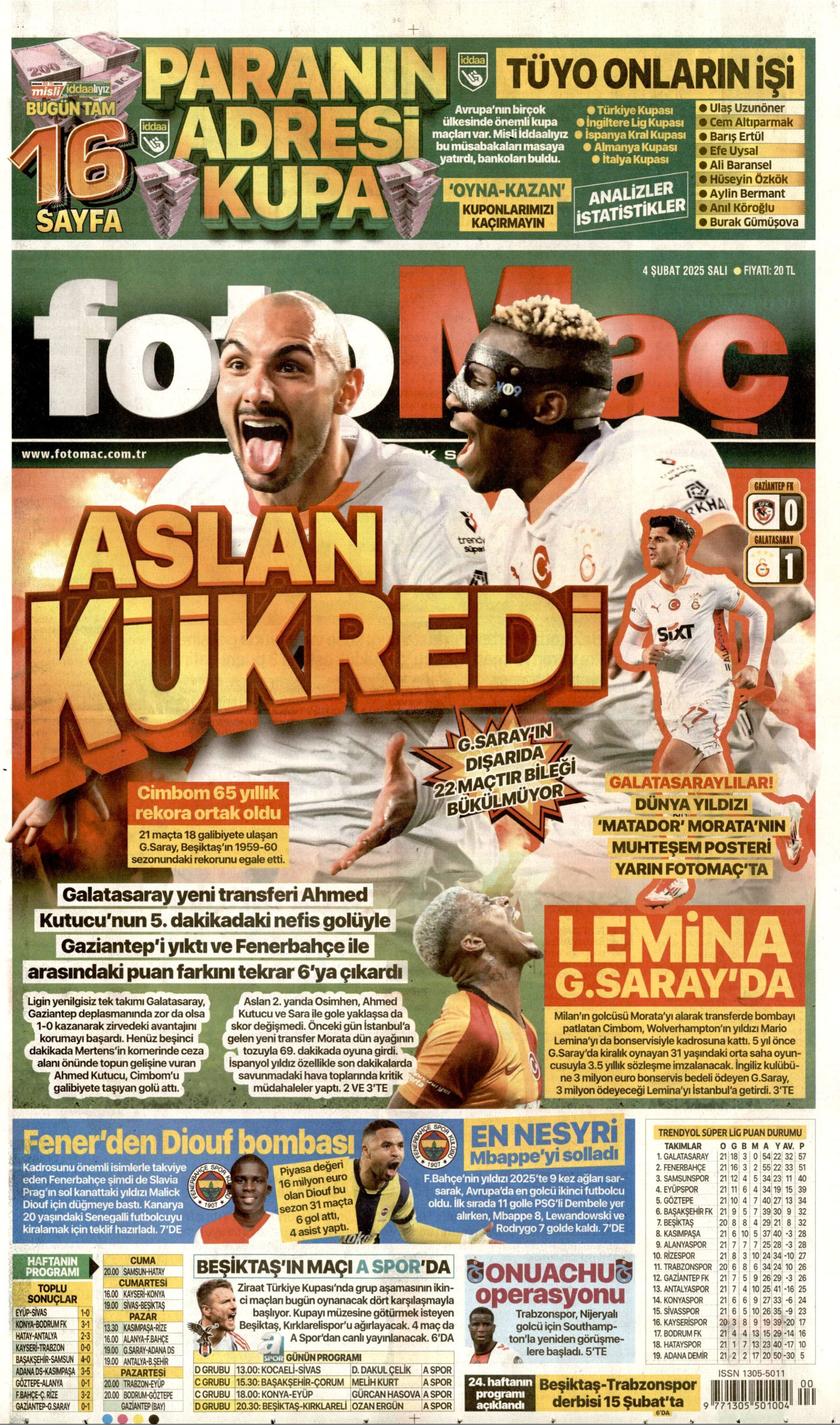 FOTOMAÇ gazetesinin 4 Şubat 2025 tarihli birinci sayfası