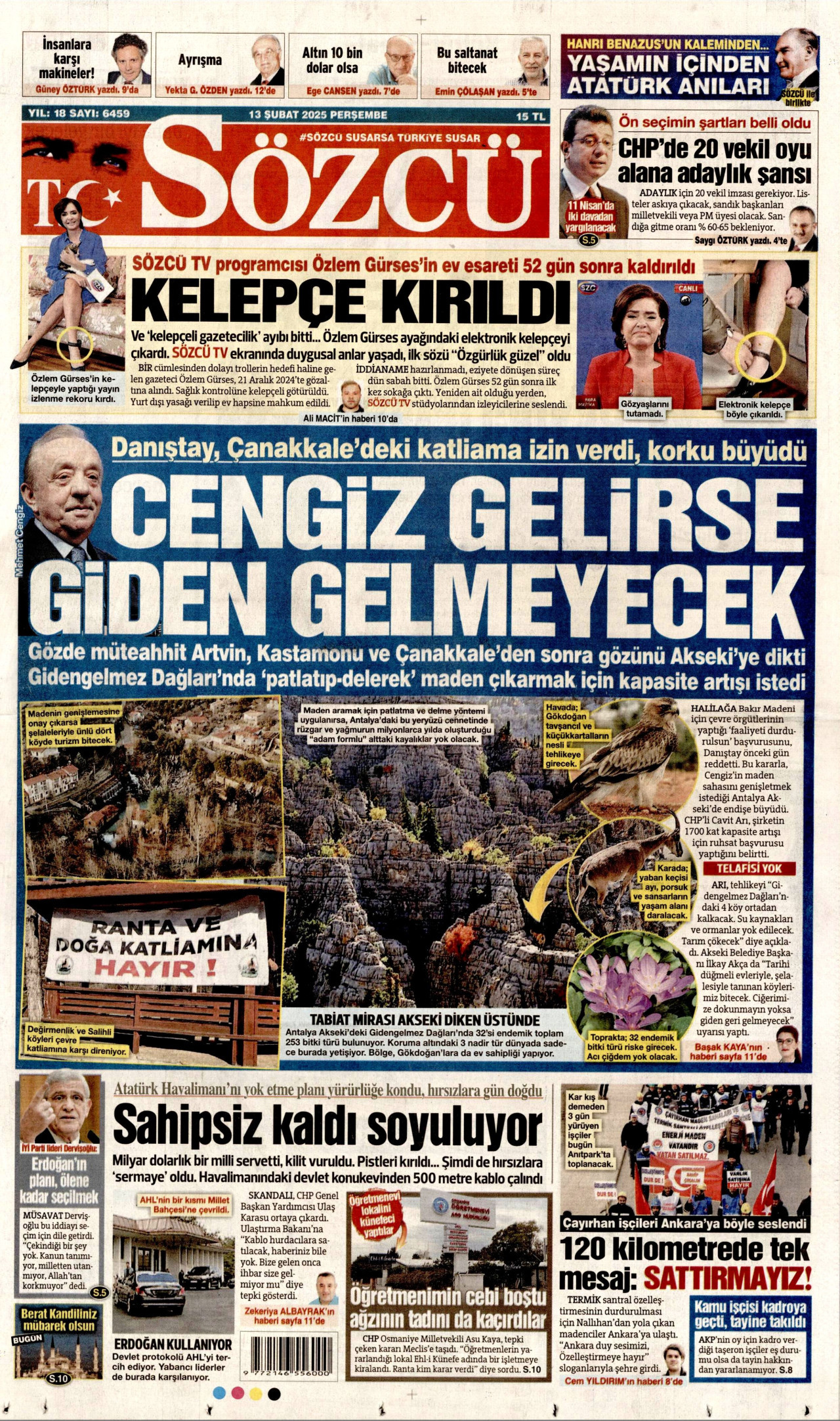 SÖZCÜ gazetesinin 13 Şubat 2025 tarihli birinci sayfası