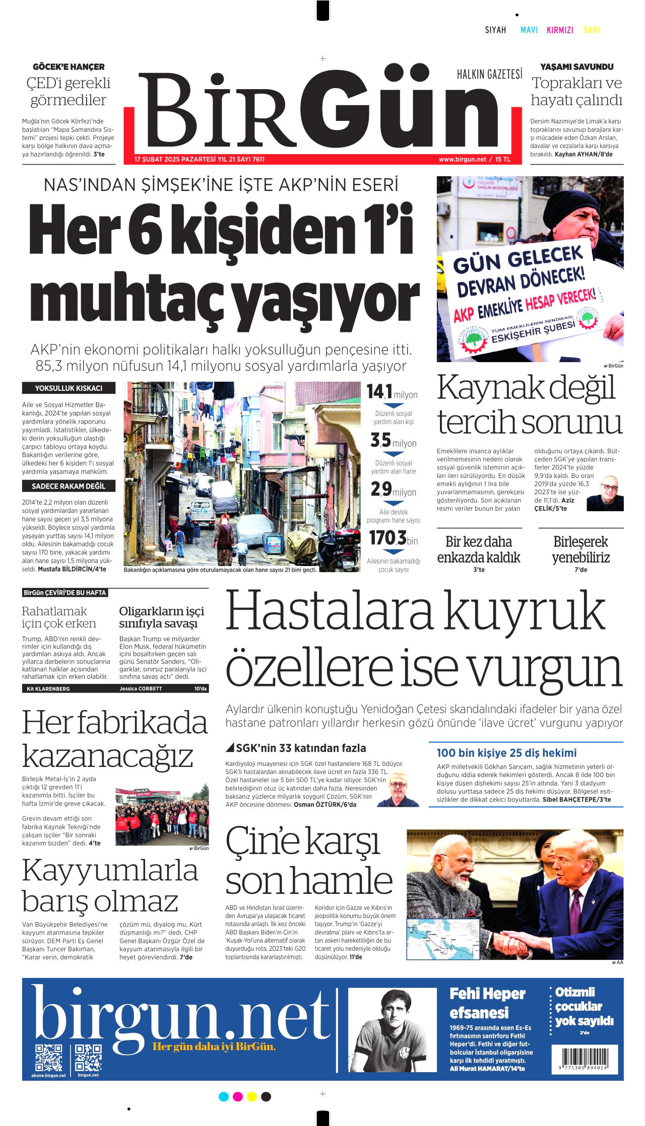 BİRGÜN gazetesinin 17 Şubat 2025 tarihli birinci sayfası