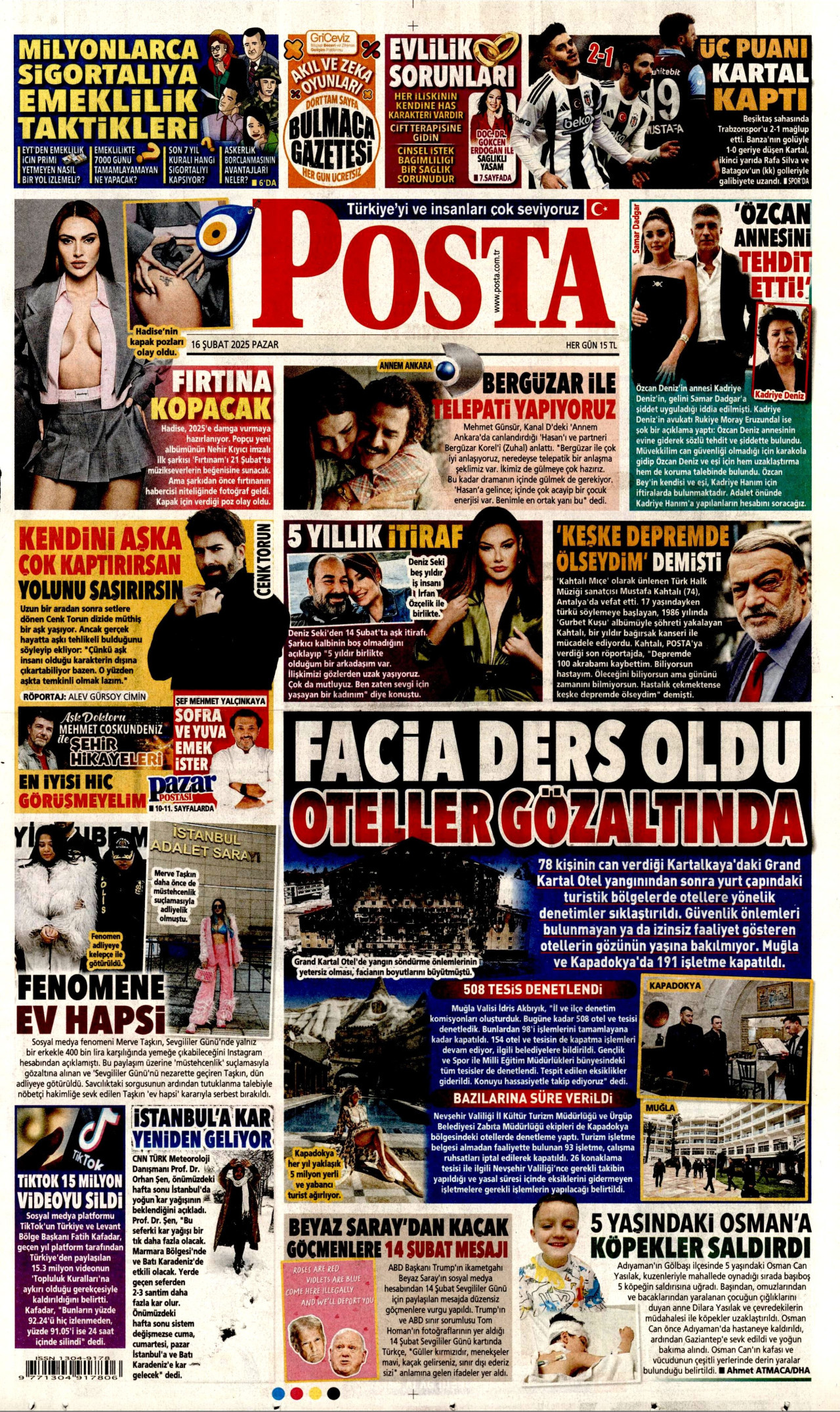 POSTA gazetesinin 16 Şubat 2025 tarihli birinci sayfası