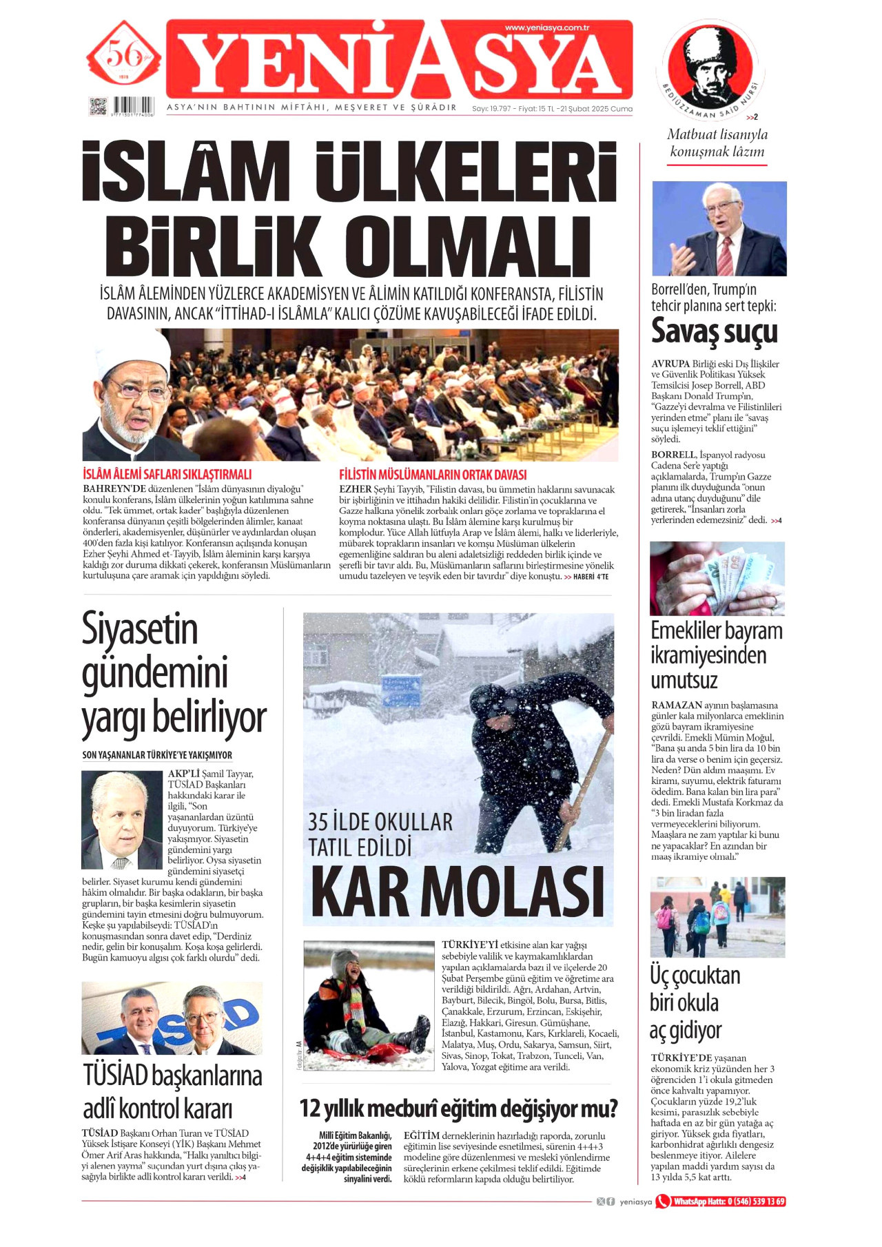YENİ ASYA gazetesinin 21 Şubat 2025 tarihli birinci sayfası