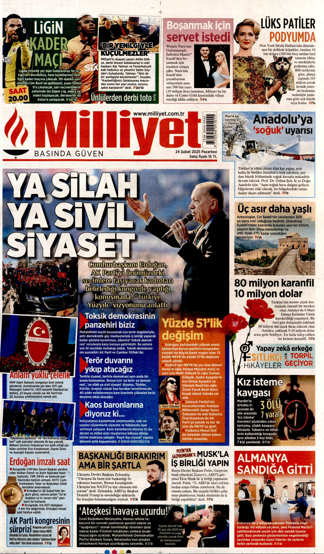 MİLLİYET gazetesinin 24 Şubat 2025 tarihli birinci sayfası