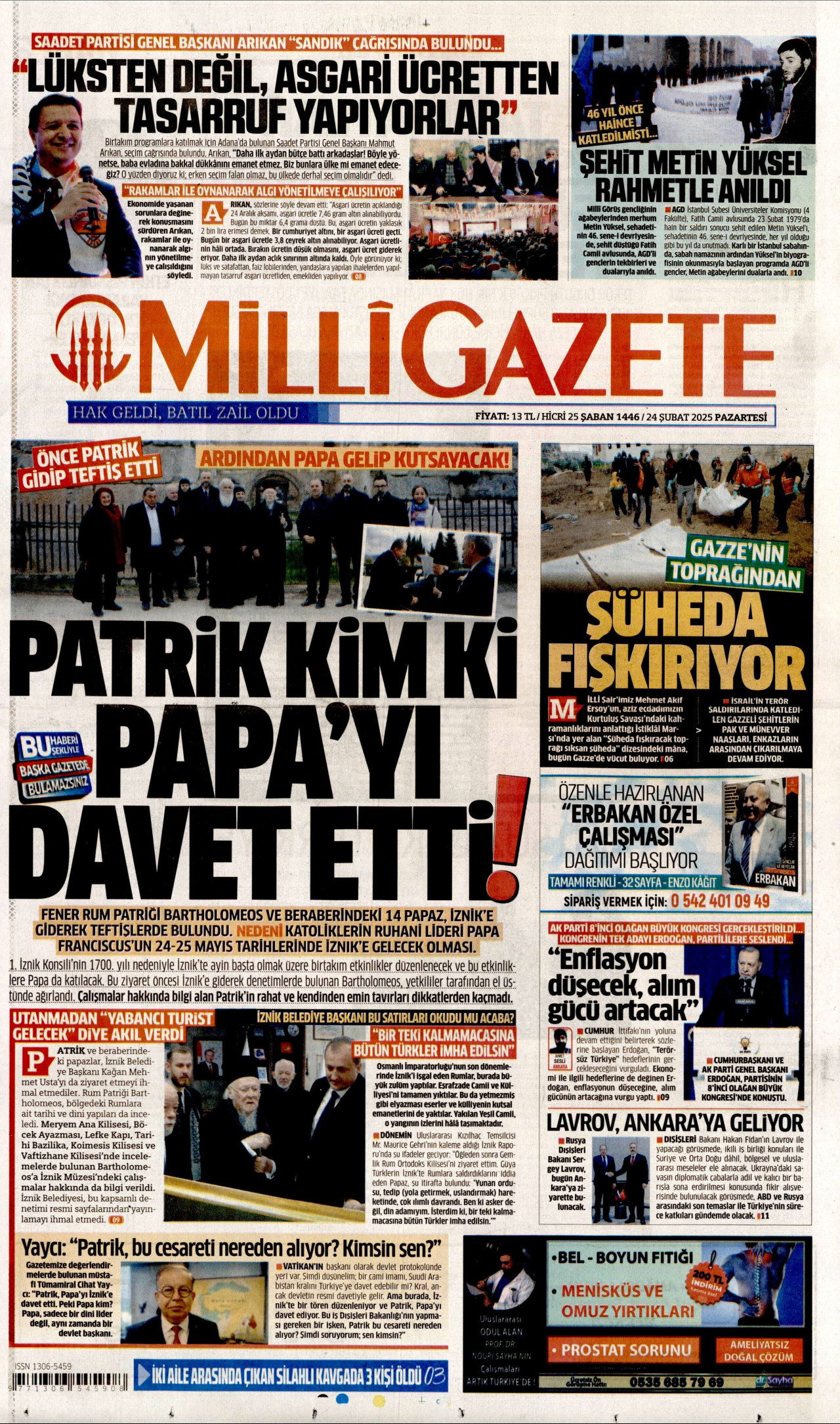 MİLLİ GAZETE gazetesinin 24 Şubat 2025 tarihli birinci sayfası