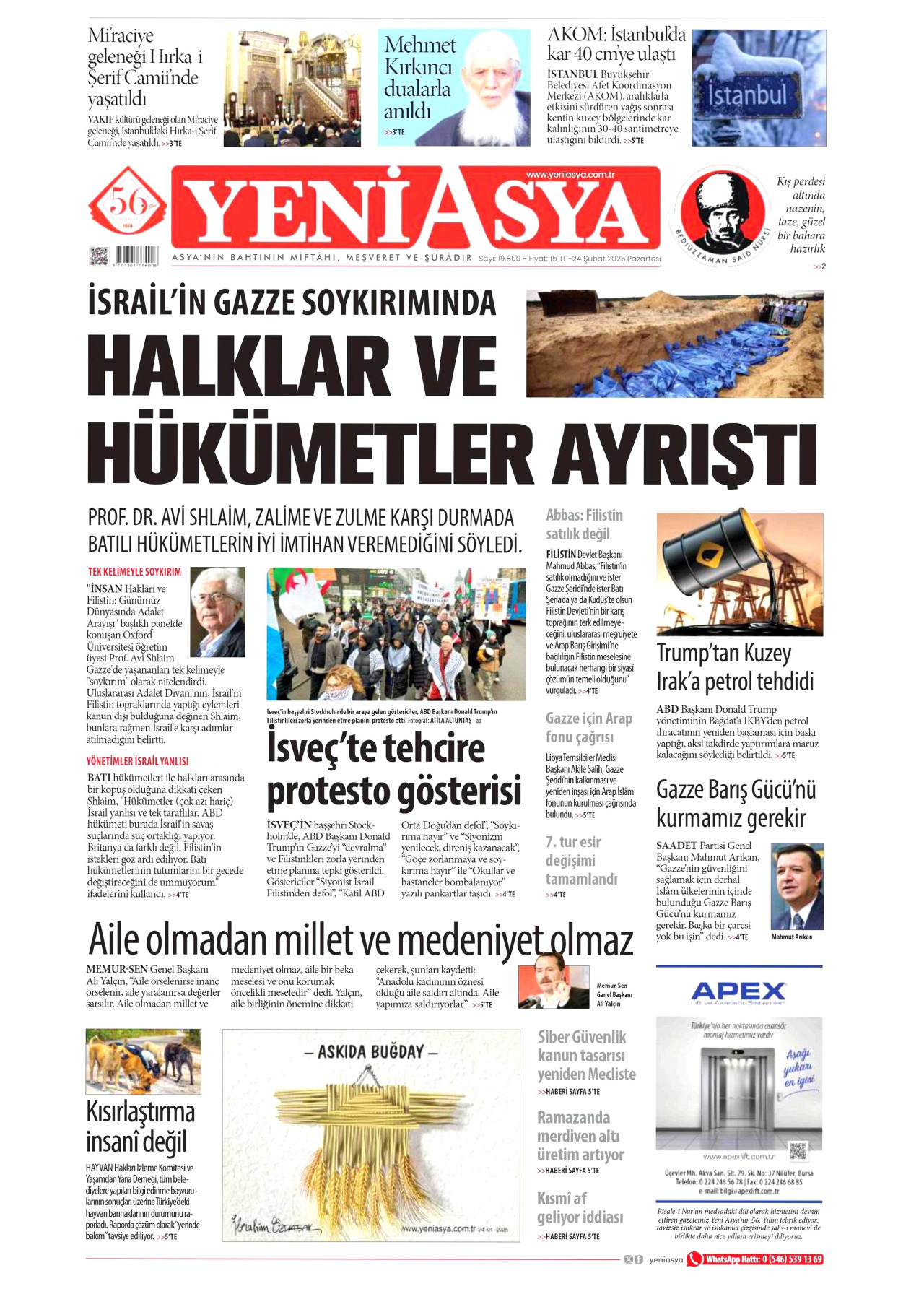 YENİ ASYA gazetesinin 24 Şubat 2025 tarihli birinci sayfası
