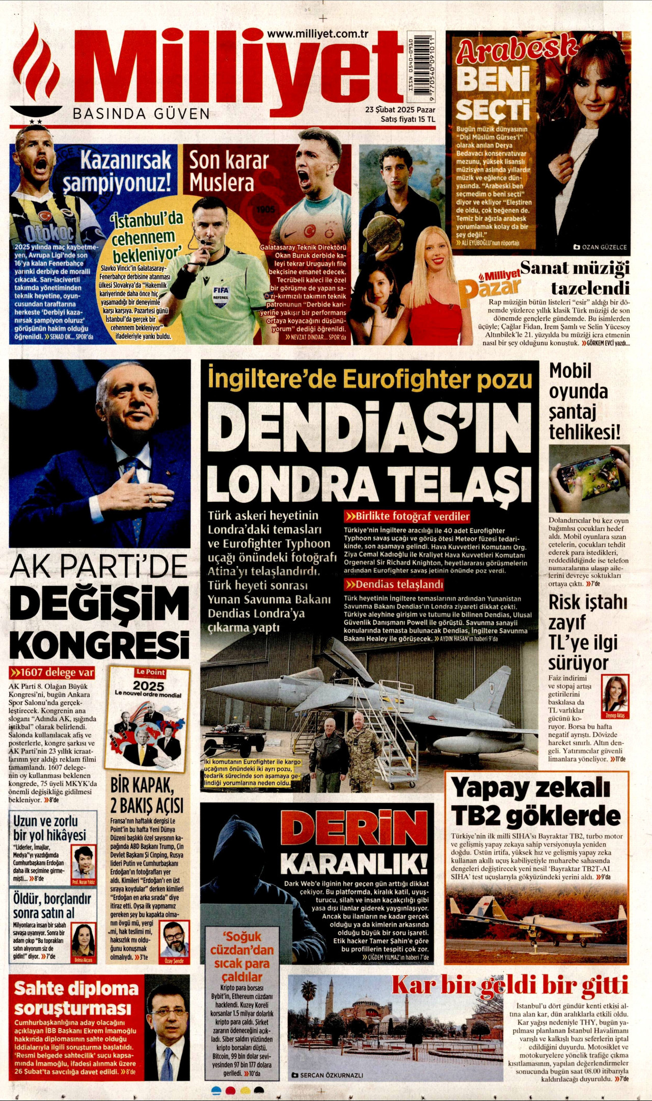 MİLLİYET gazetesinin 23 Şubat 2025 tarihli birinci sayfası
