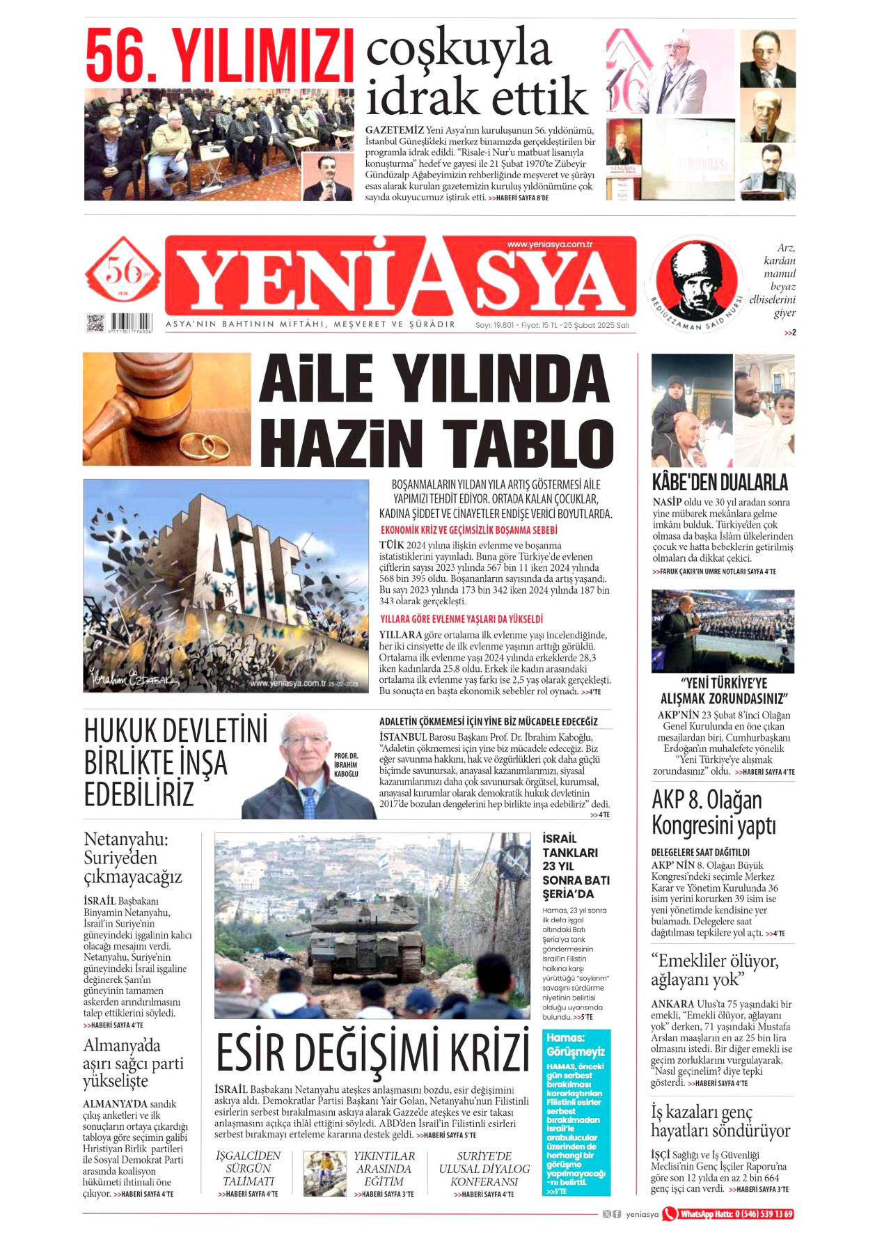 YENİ ASYA gazetesinin 25 Şubat 2025 tarihli birinci sayfası