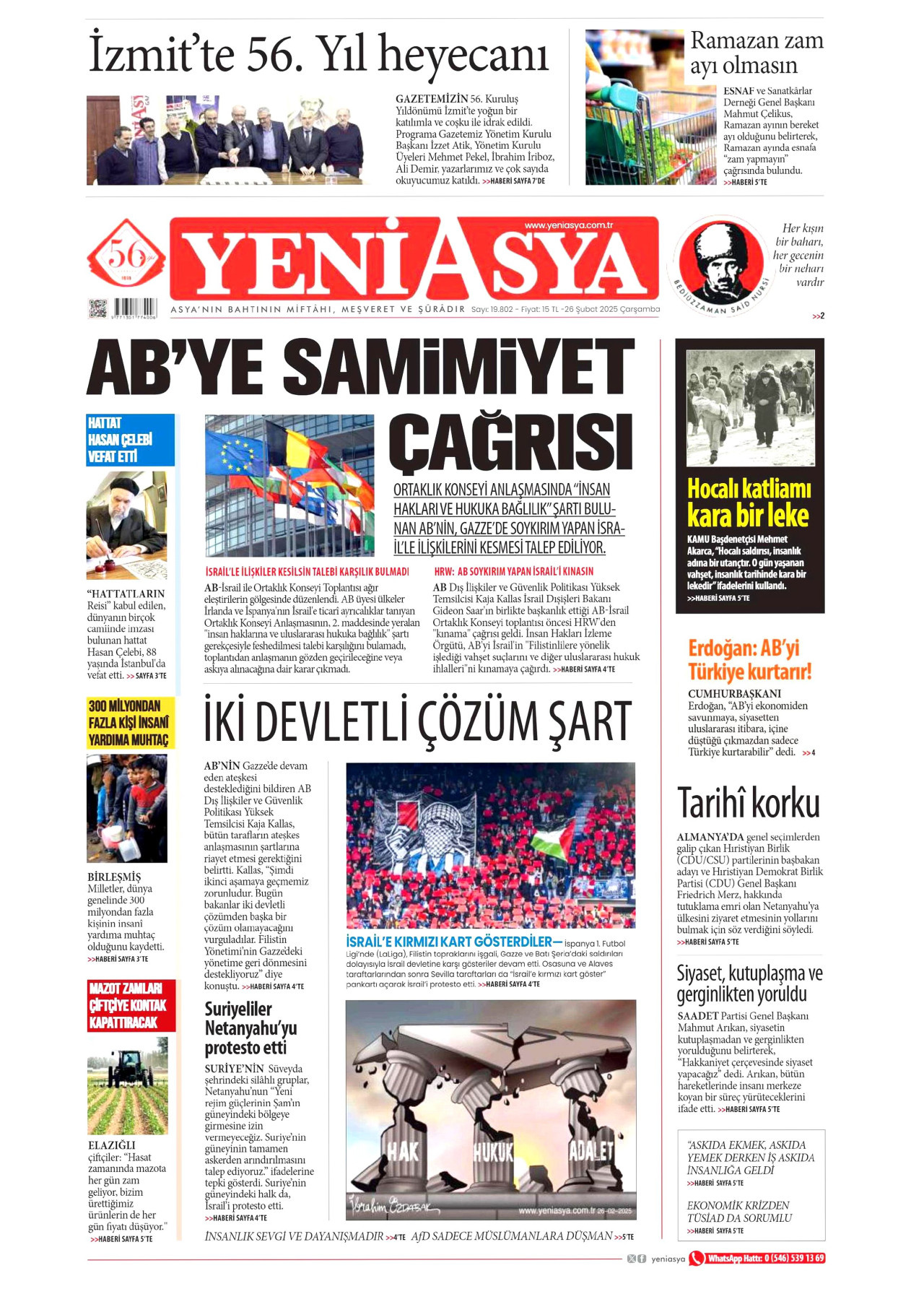 YENİ ASYA gazetesinin 26 Şubat 2025 tarihli birinci sayfası