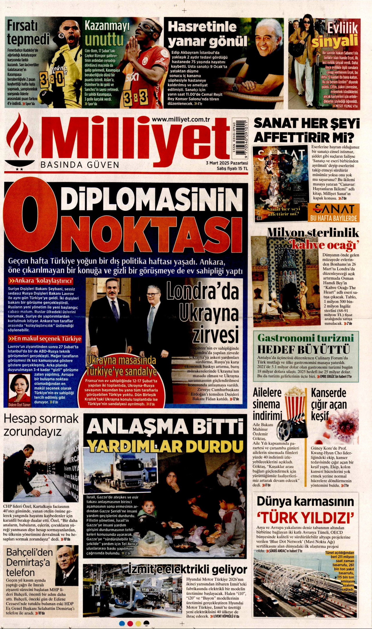 MİLLİYET gazetesinin 3 Mart 2025 tarihli birinci sayfası
