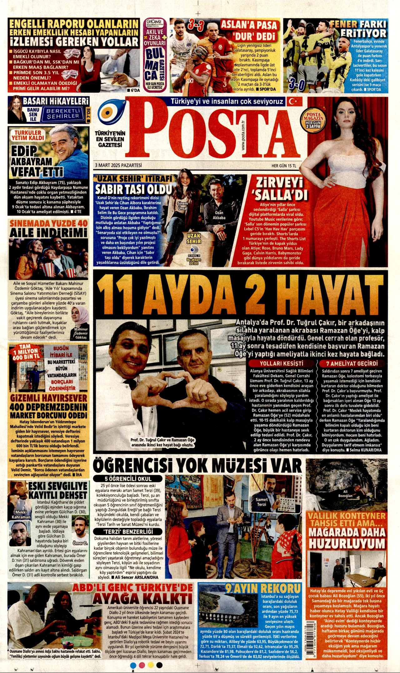 POSTA gazetesinin 3 Mart 2025 tarihli birinci sayfası