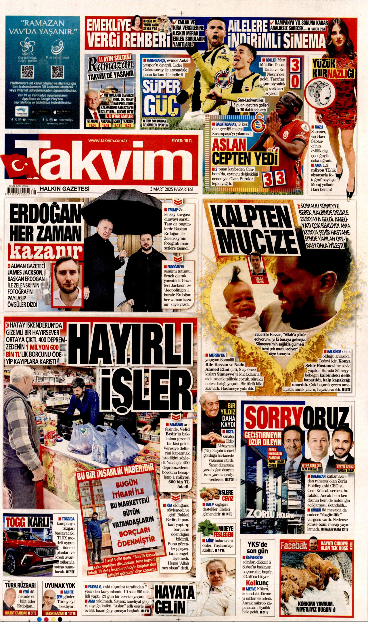 TAKVİM gazetesinin 3 Mart 2025 tarihli birinci sayfası