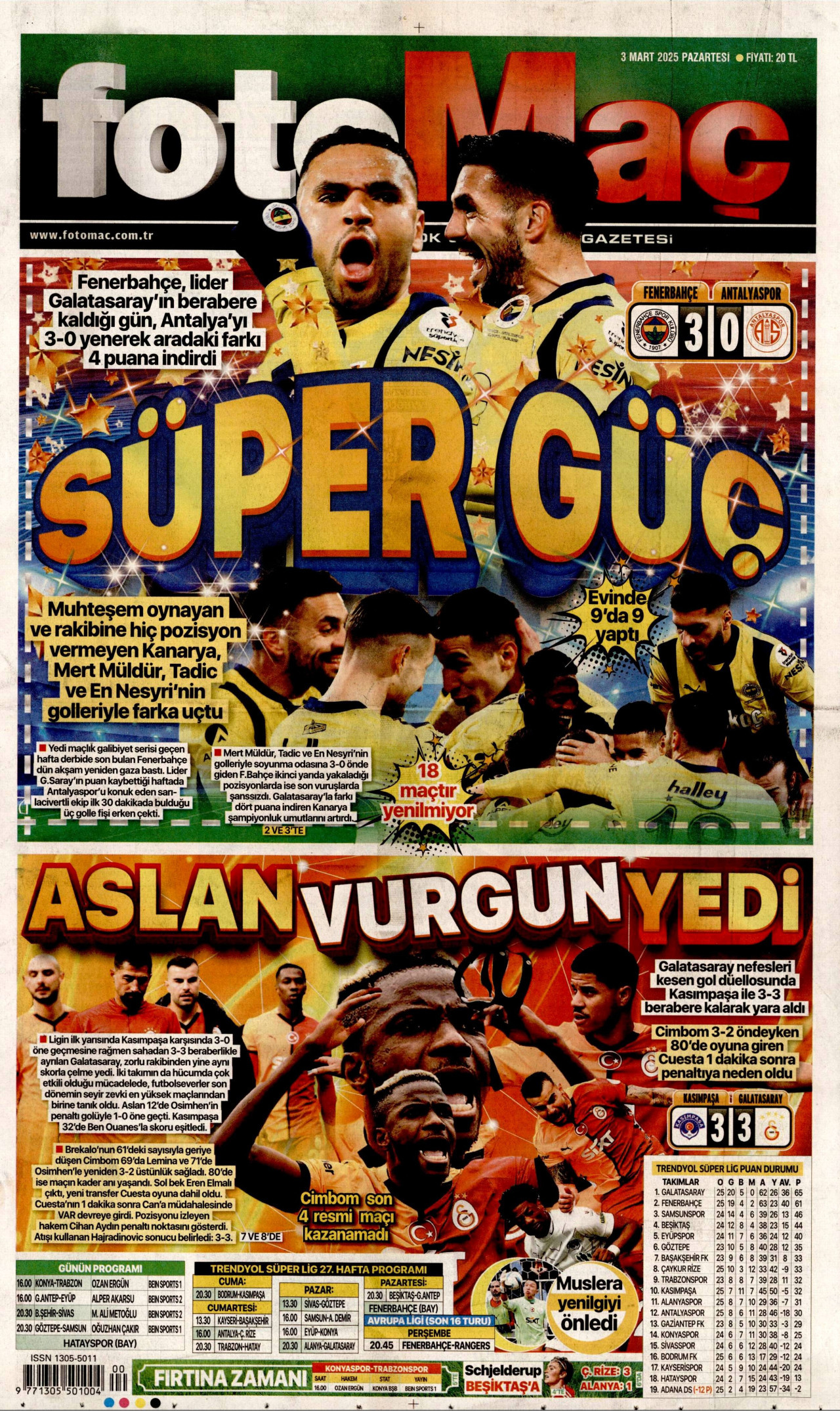 FOTOMAÇ gazetesinin 3 Mart 2025 tarihli birinci sayfası