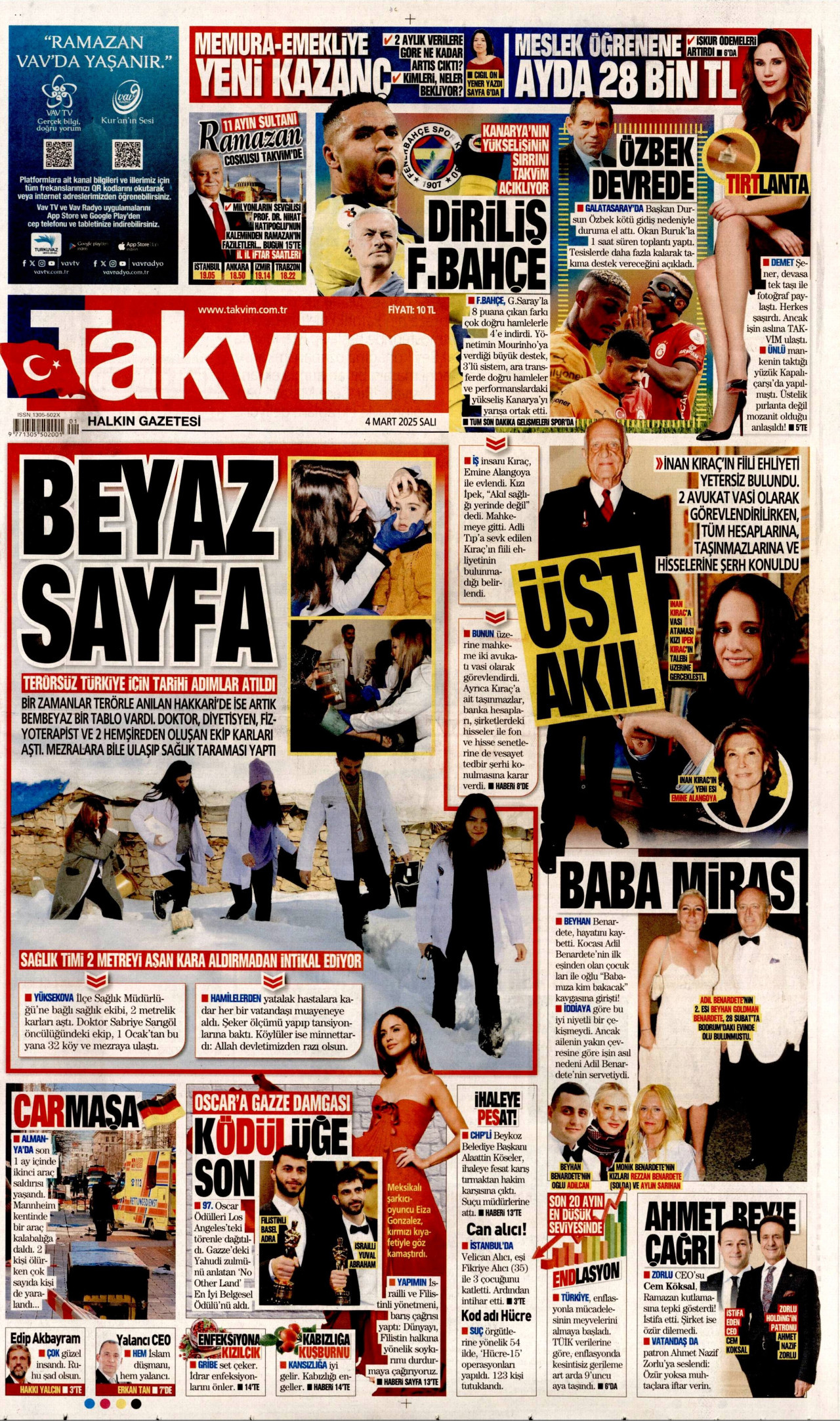 TAKVİM gazetesinin 4 Mart 2025 tarihli birinci sayfası
