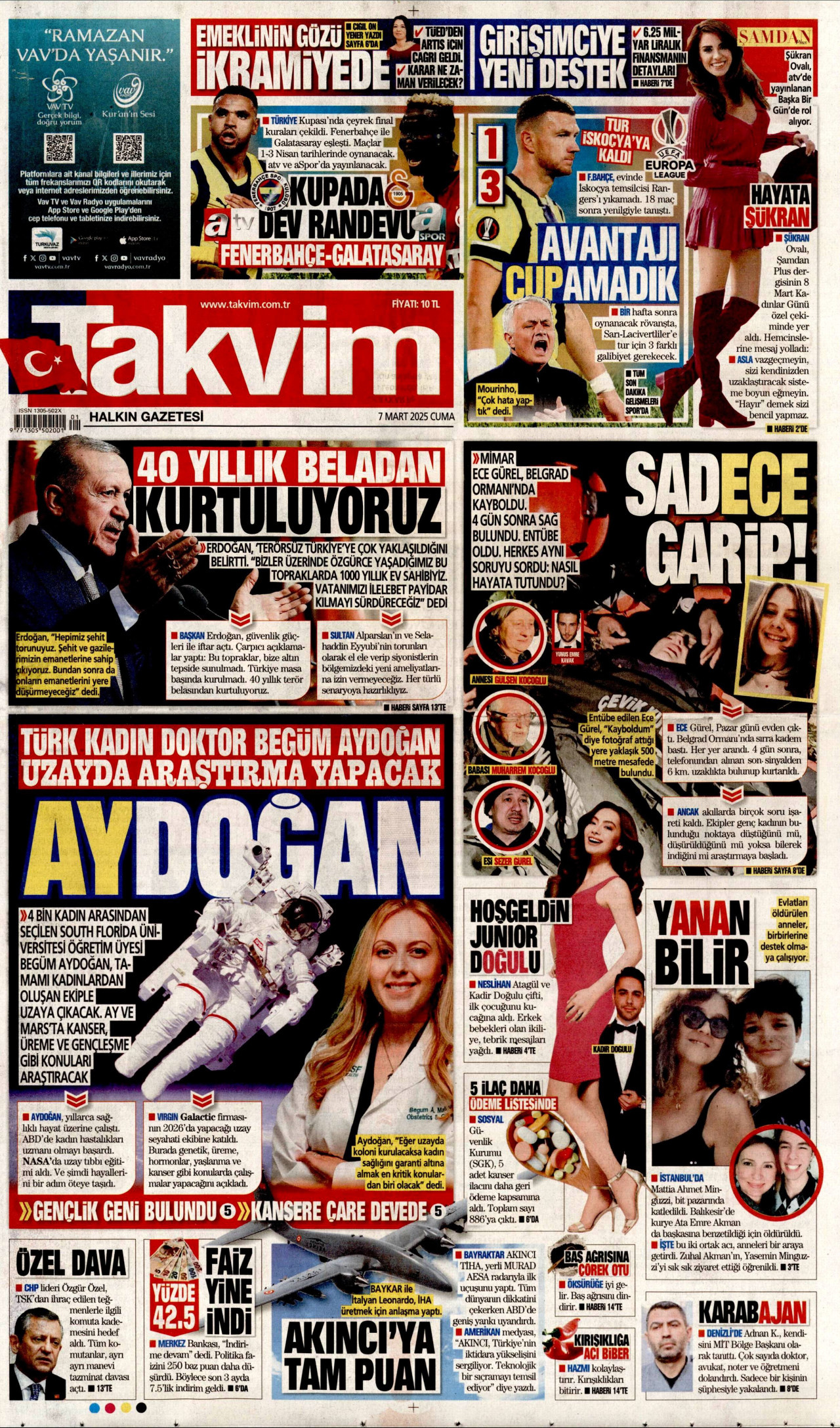 TAKVİM gazetesinin 7 Mart 2025 tarihli birinci sayfası