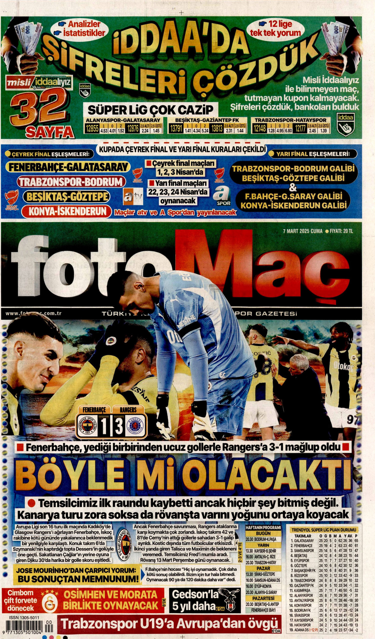 FOTOMAÇ gazetesinin 7 Mart 2025 tarihli birinci sayfası