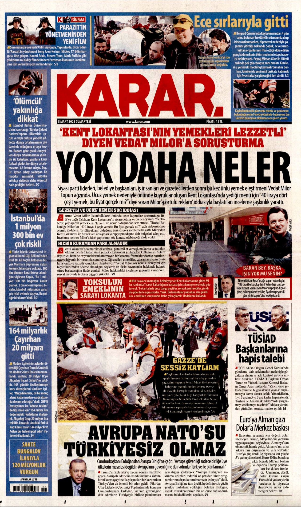 KARAR gazetesinin 8 Mart 2025 tarihli birinci sayfası