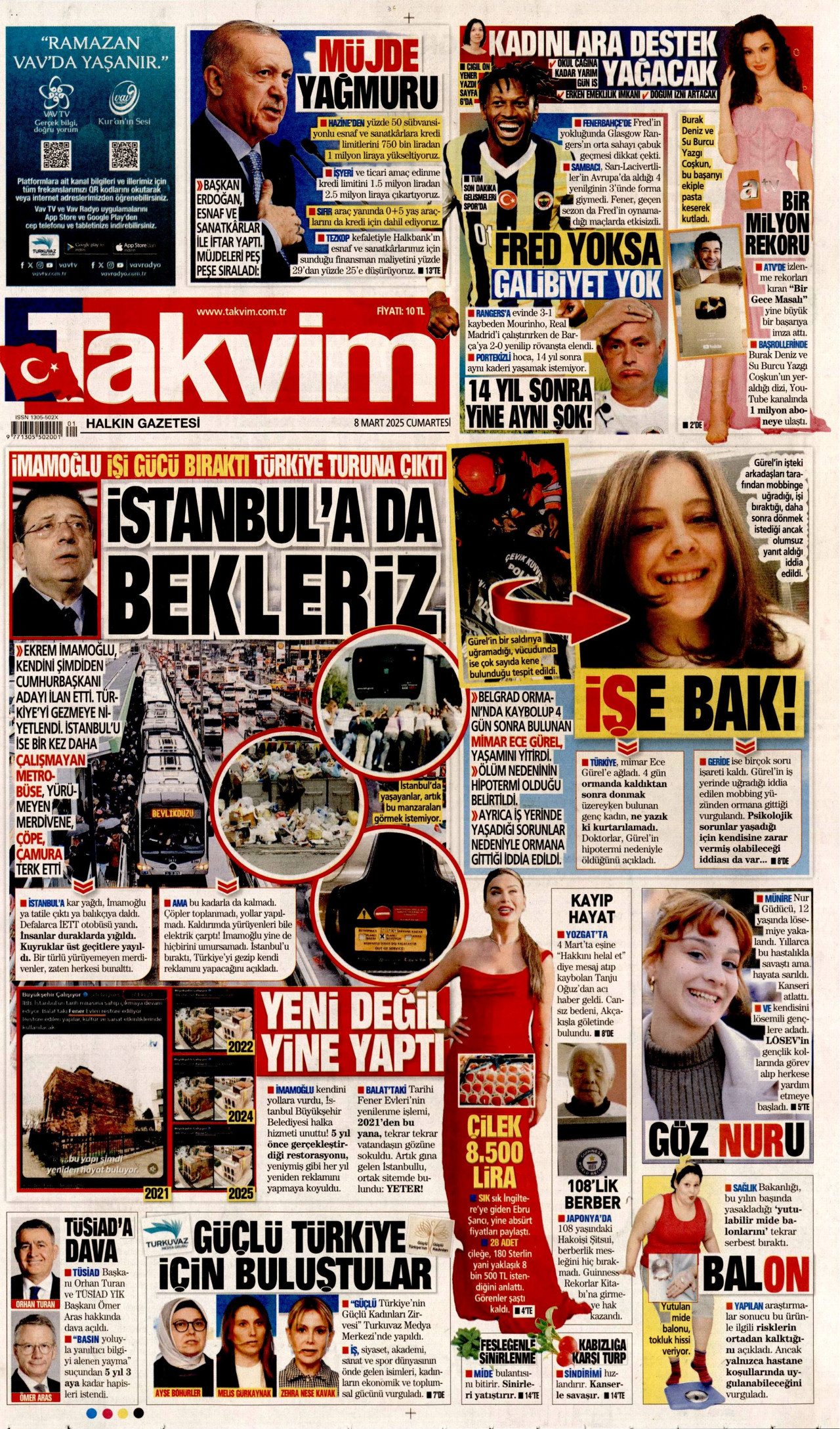 TAKVİM gazetesinin 8 Mart 2025 tarihli birinci sayfası