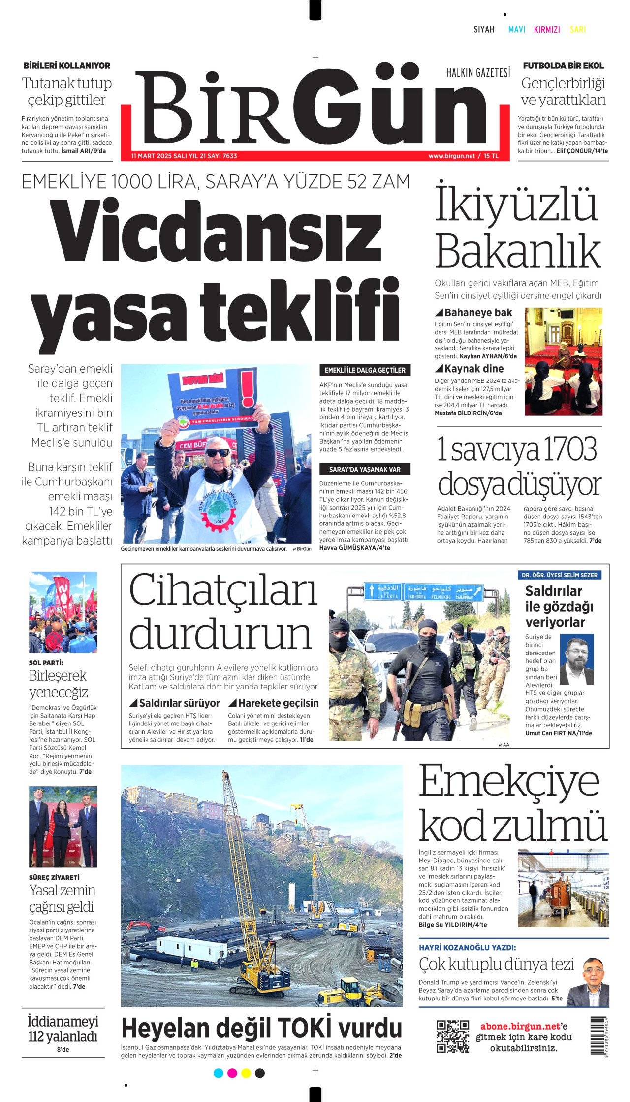 BİRGÜN gazetesinin 11 Mart 2025 tarihli birinci sayfası