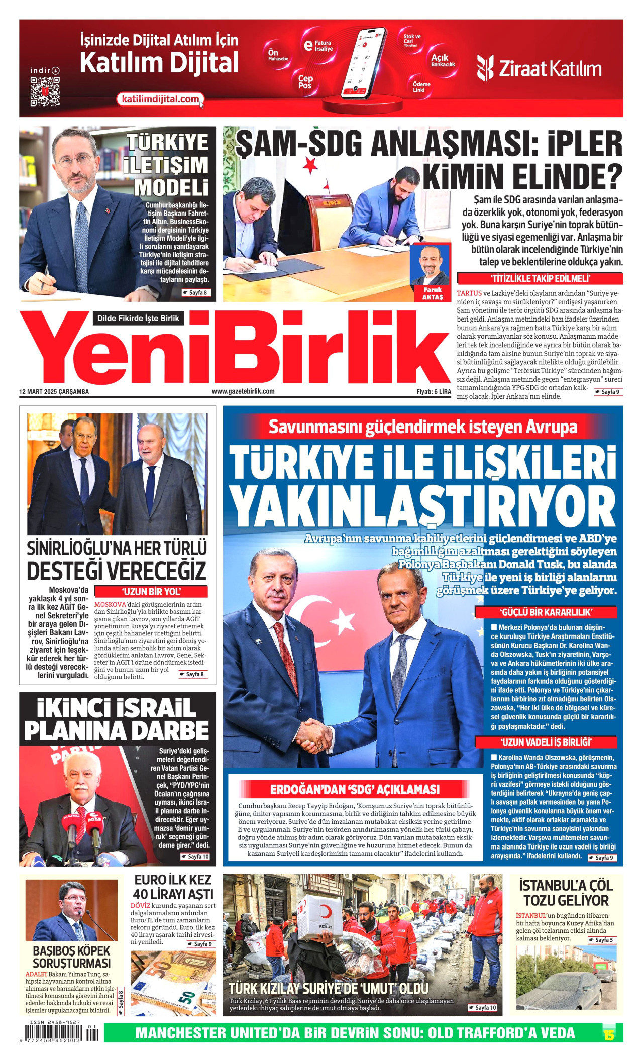 YENİBİRLİK gazetesinin 12 Mart 2025 tarihli birinci sayfası