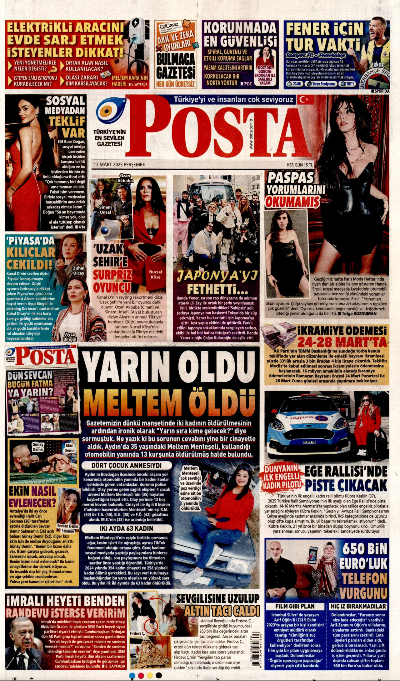 POSTA gazetesinin 13 Mart 2025 tarihli birinci sayfası