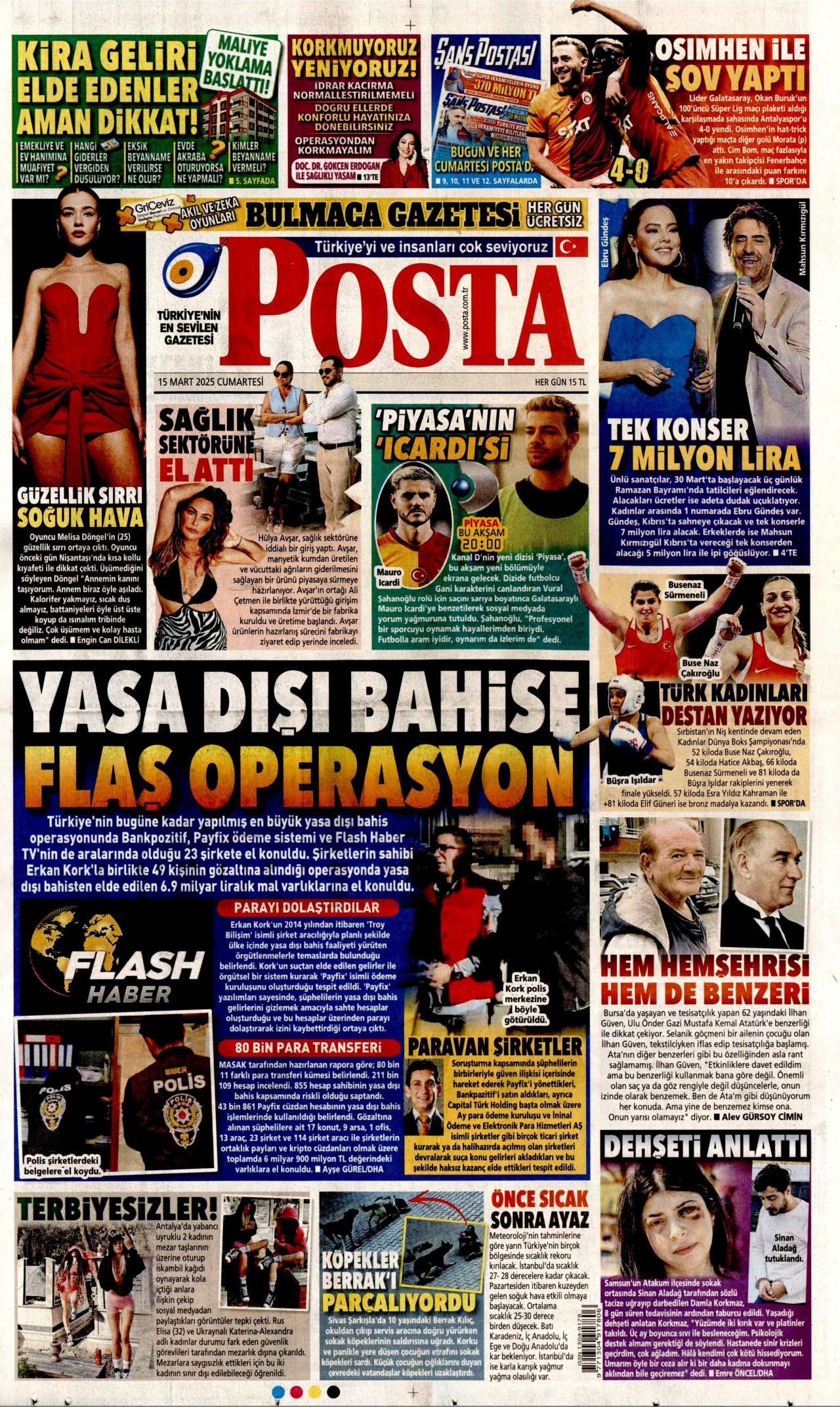 POSTA gazetesinin 15 Mart 2025 tarihli birinci sayfası