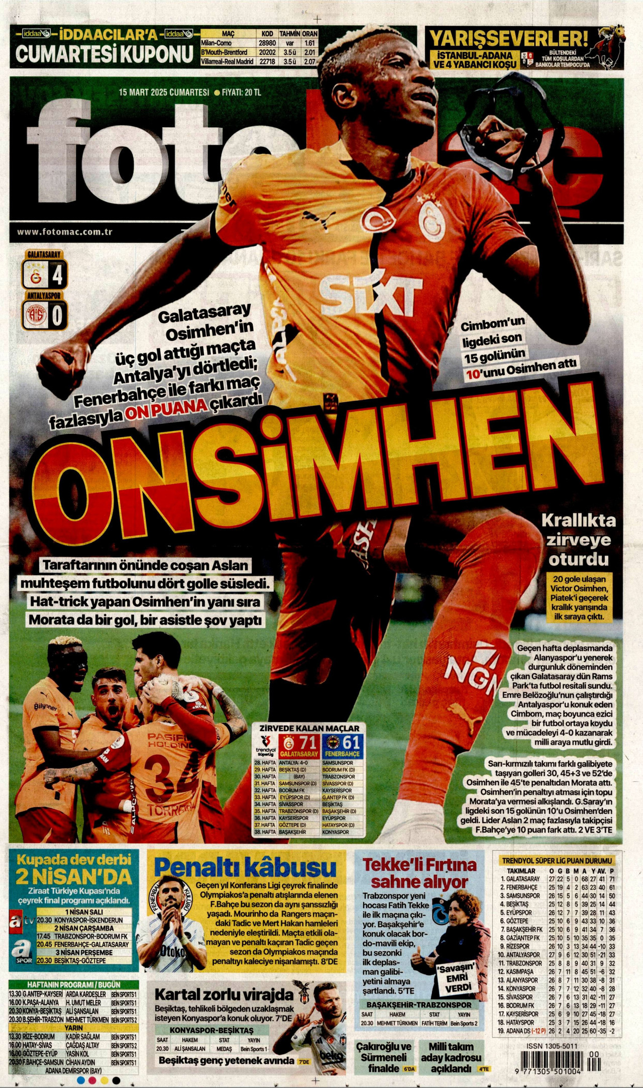 FOTOMAÇ gazetesinin 15 Mart 2025 tarihli birinci sayfası
